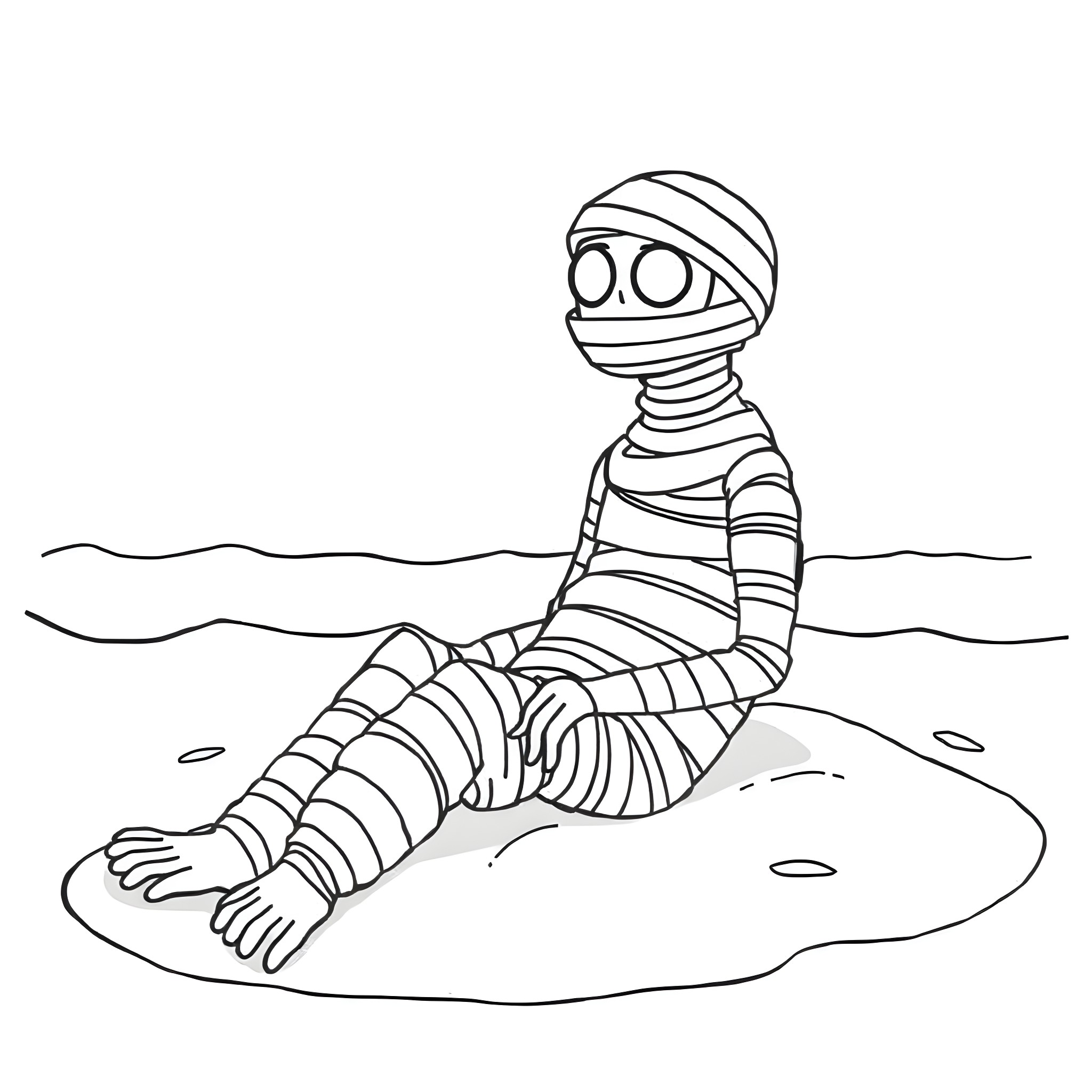 Mummy resting on the beach Coloring Page (free black-and-white line drawing printable PDF for all, from beginners to advanced learners, including children, teens, adults, and seniors)