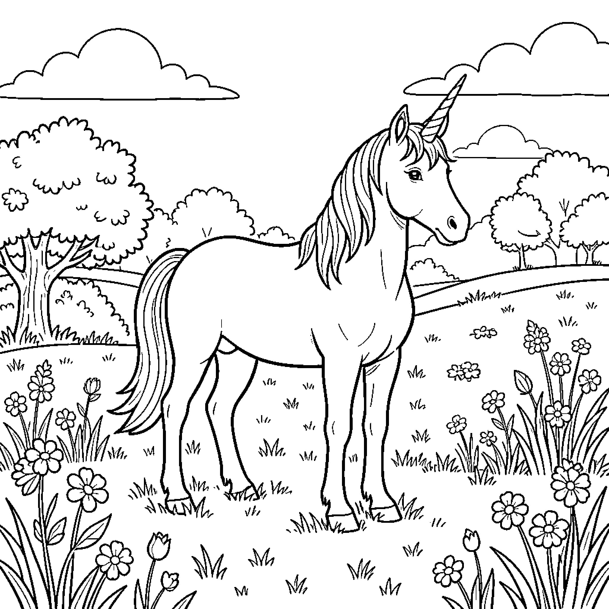 Unicorn standing peacefully in a flowery meadow Coloring Page (free black-and-white line drawing printable PDF for all, from beginners to advanced learners, including children, teens, adults, and seniors)