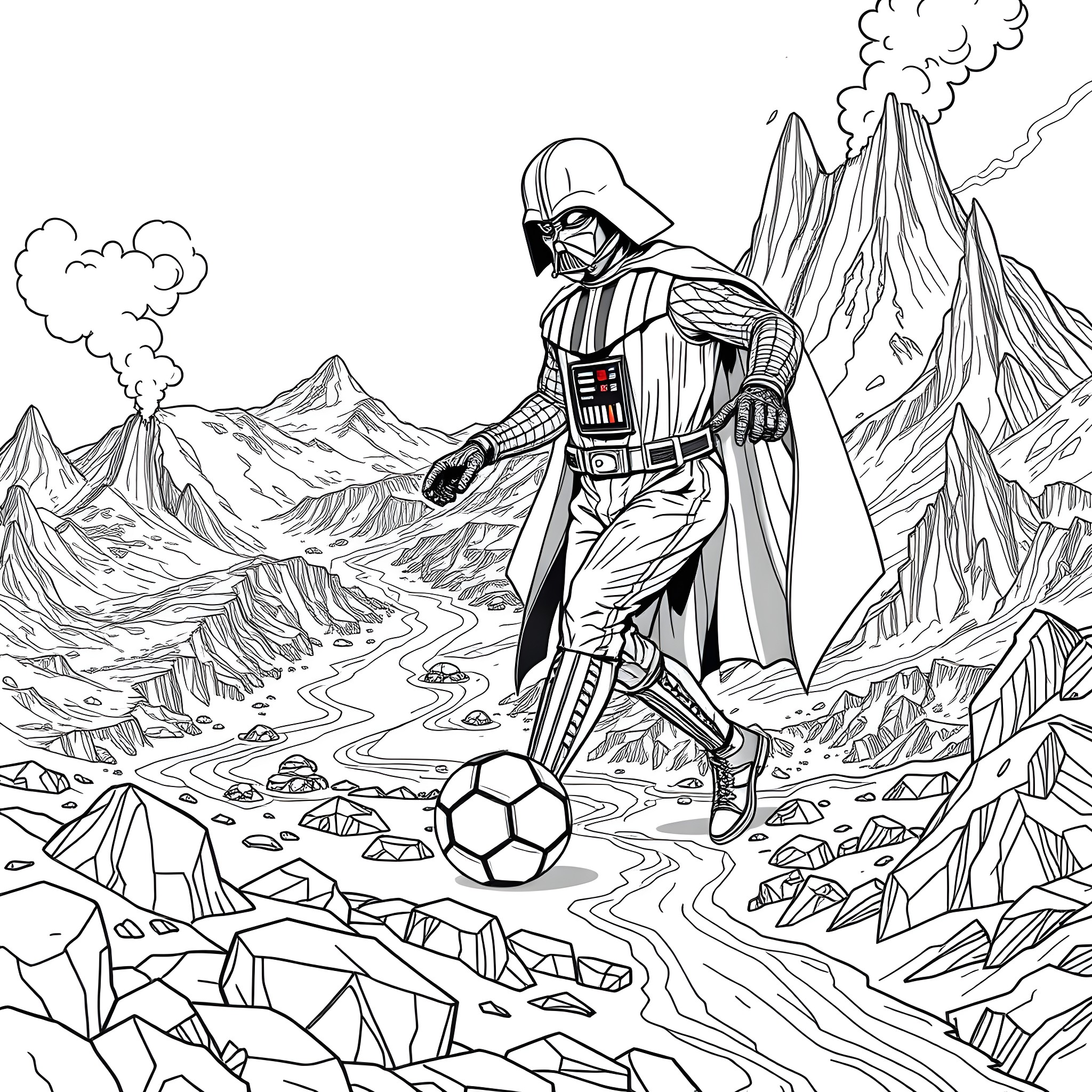 Darth Vader playing soccer in a mountainous landscape Coloring Page (free black-and-white line drawing printable PDF for all, from beginners to advanced learners, including children, teens, adults, and seniors)