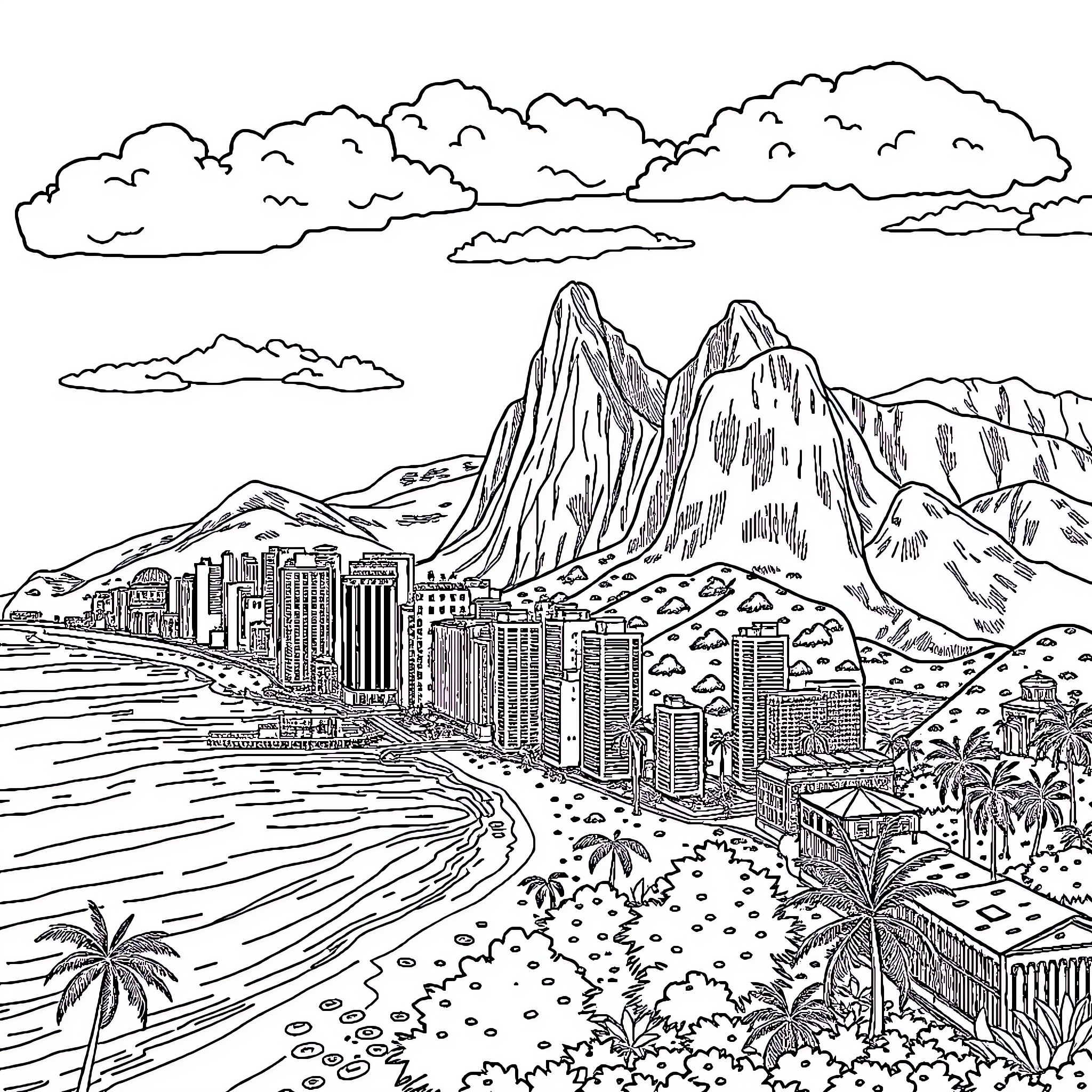 Rio's Scenic Cityscape and Mountainous Landscape Coloring Page (free black-and-white line drawing printable PDF for all, from beginners to advanced learners, including children, teens, adults, and seniors)