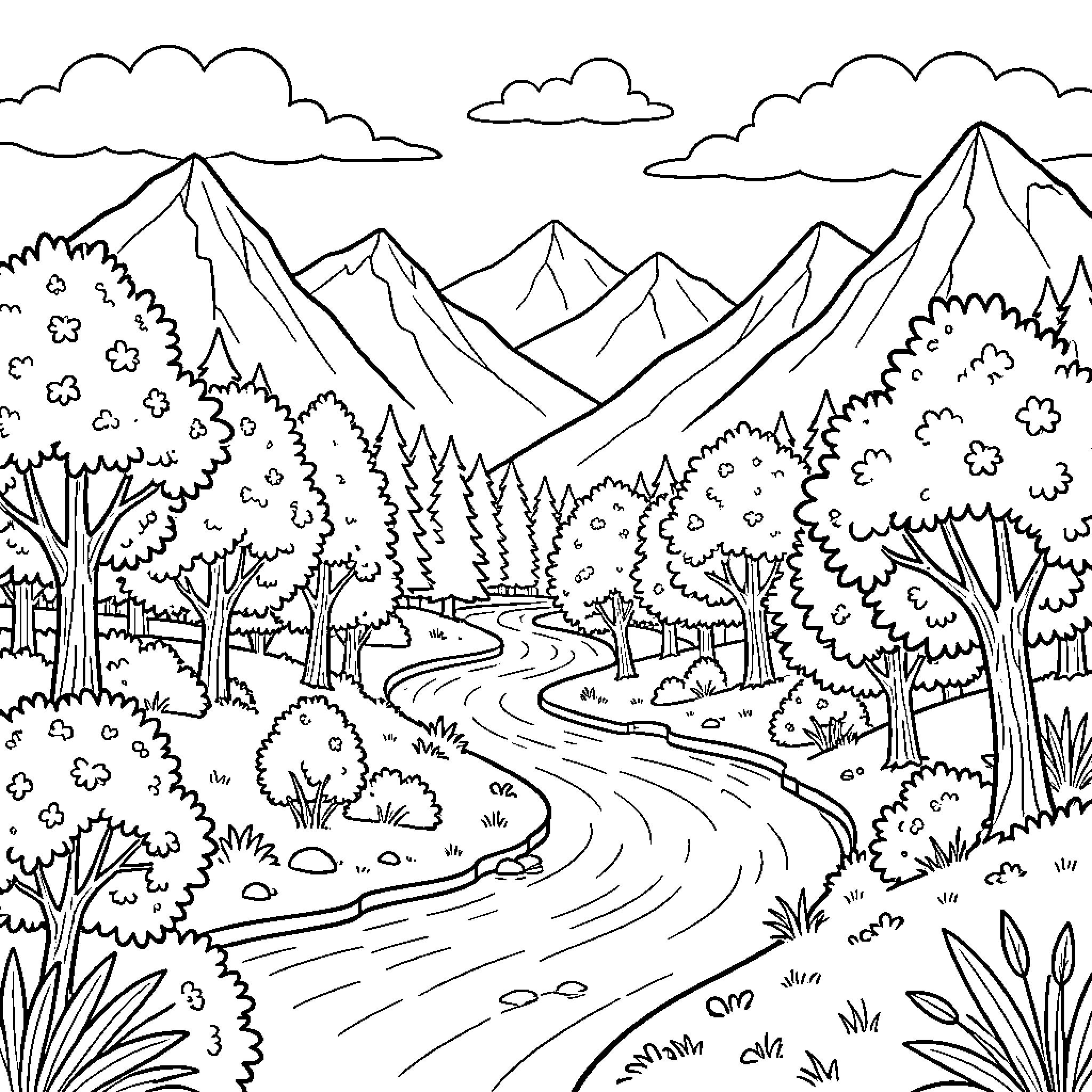Landscape of winding mountain road and forest Coloring Page (free black-and-white line drawing printable PDF for all, from beginners to advanced learners, including children, teens, adults, and seniors)
