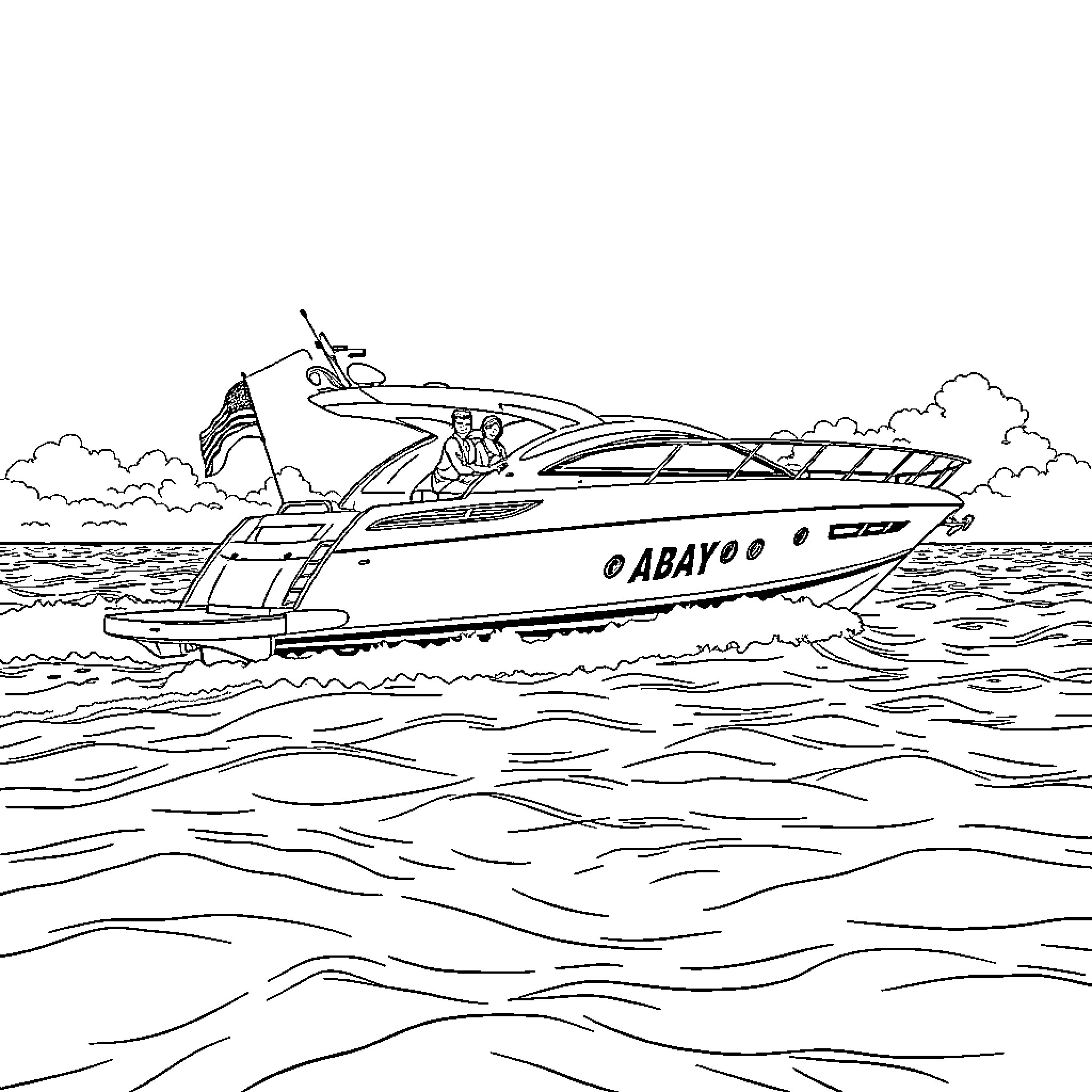 Yacht sailing across the open sea Coloring Page (free black-and-white line drawing printable PDF for all, from beginners to advanced learners, including children, teens, adults, and seniors)