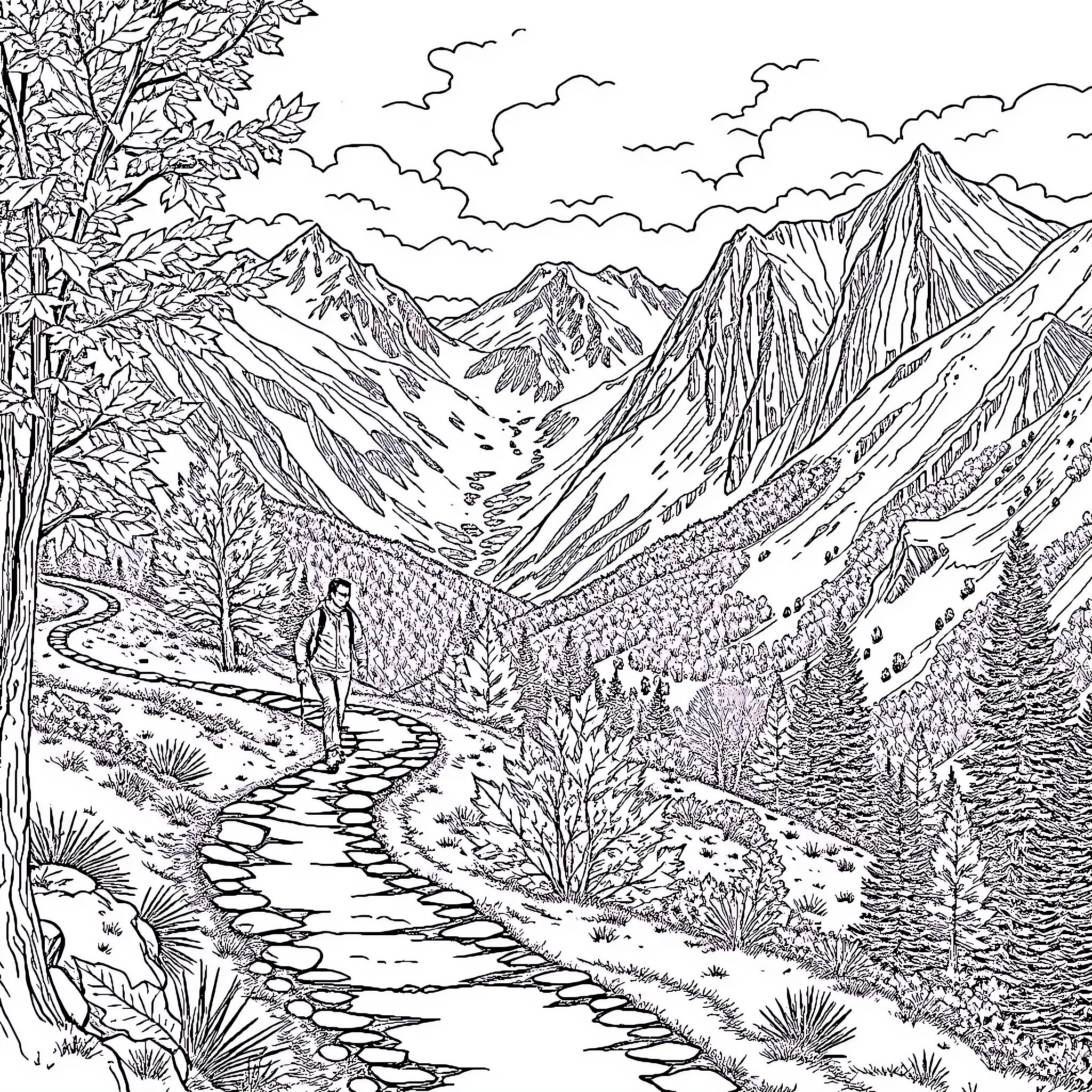 Man hiking through picturesque mountain landscape Coloring Page (free black-and-white line drawing printable PDF for all, from beginners to advanced learners, including children, teens, adults, and seniors)