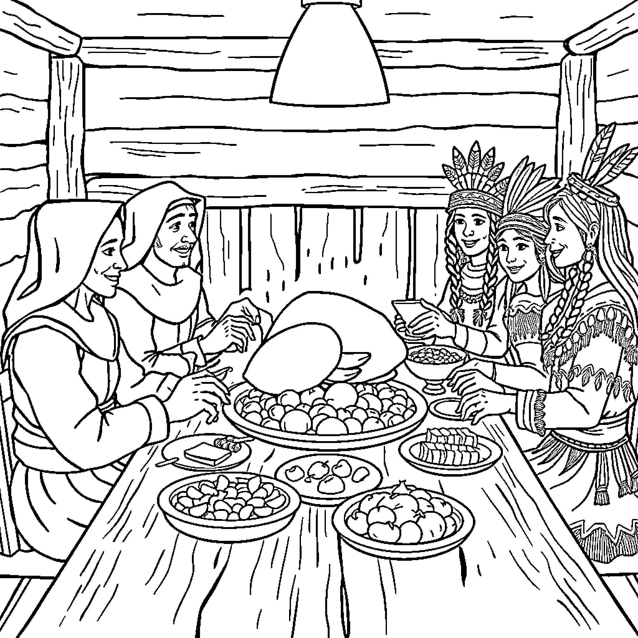 Pilgrim Feast with Native American Tribe Coloring Page (free black-and-white line drawing printable PDF for all, from beginners to advanced learners, including children, teens, adults, and seniors)