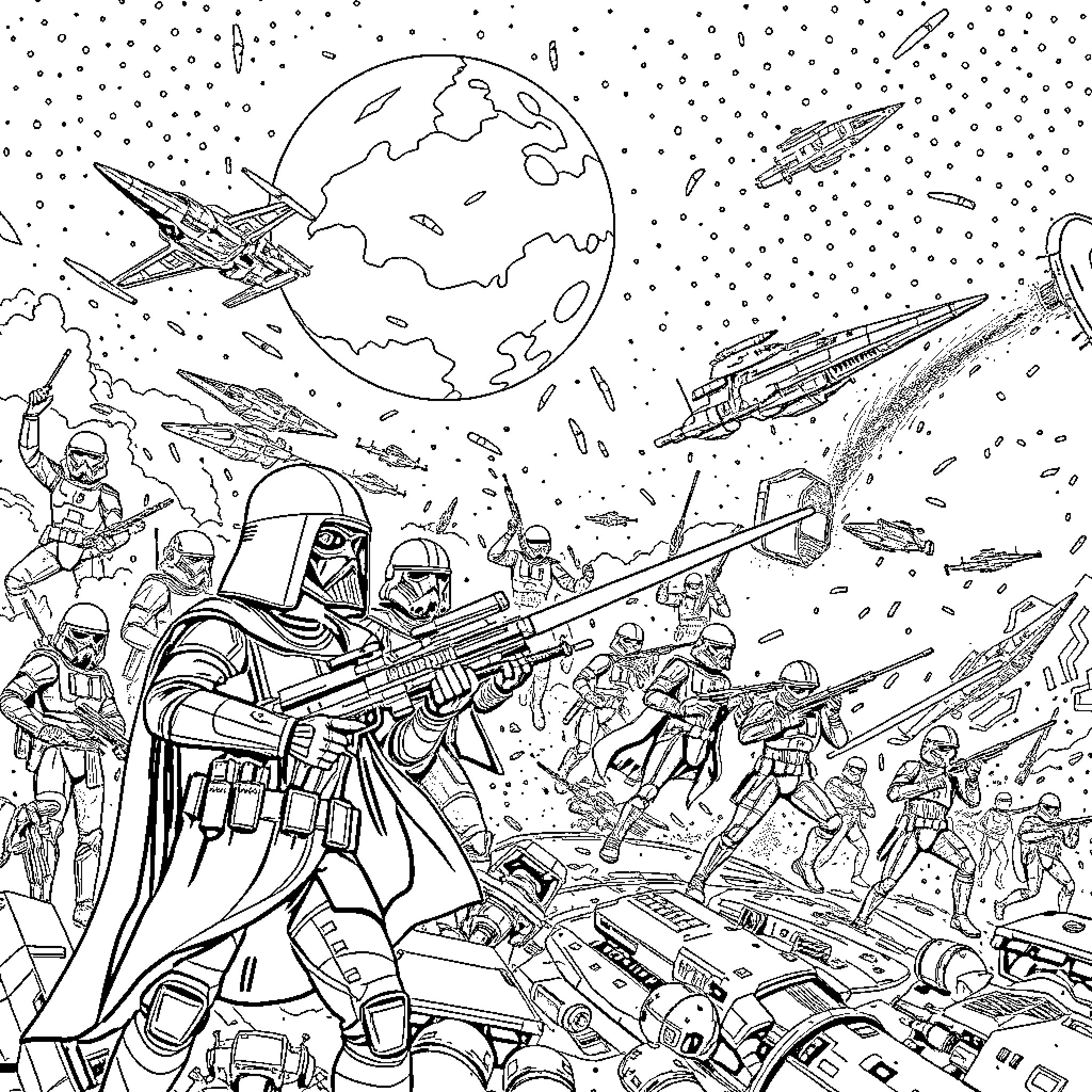 Star Wars: Epic Galactic Battle Unfolds in the Cosmos Coloring Page (free black-and-white line drawing printable PDF for all, from beginners to advanced learners, including children, teens, adults, and seniors)
