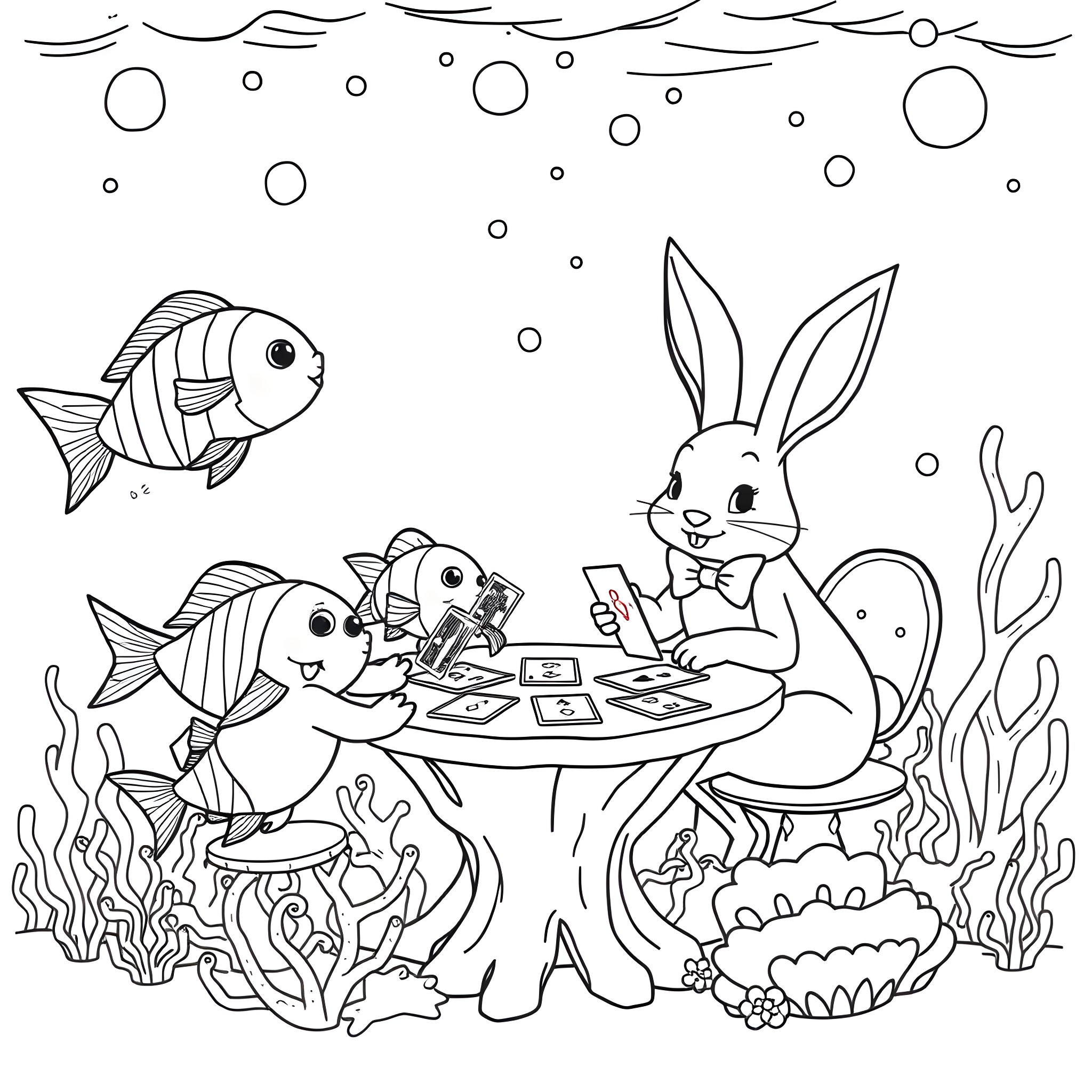 Fish playing cards with rabbit underwater Coloring Page (free black-and-white line drawing printable PDF for all, from beginners to advanced learners, including children, teens, adults, and seniors)