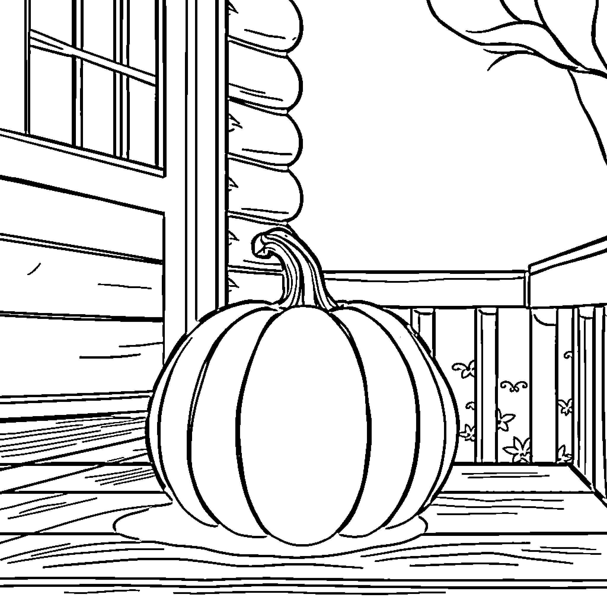 Pumpkin on a porch in autumn Coloring Page (free black-and-white line drawing printable PDF for all, from beginners to advanced learners, including children, teens, adults, and seniors)