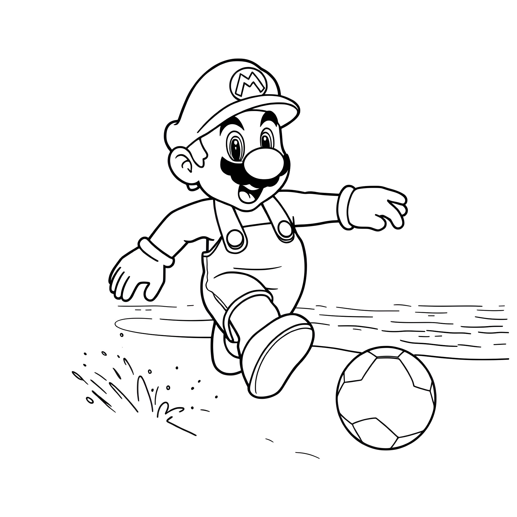 Mario Kicking Soccer Ball Coloring Page (free black-and-white line drawing printable PDF for all, from beginners to advanced learners, including children, teens, adults, and seniors)