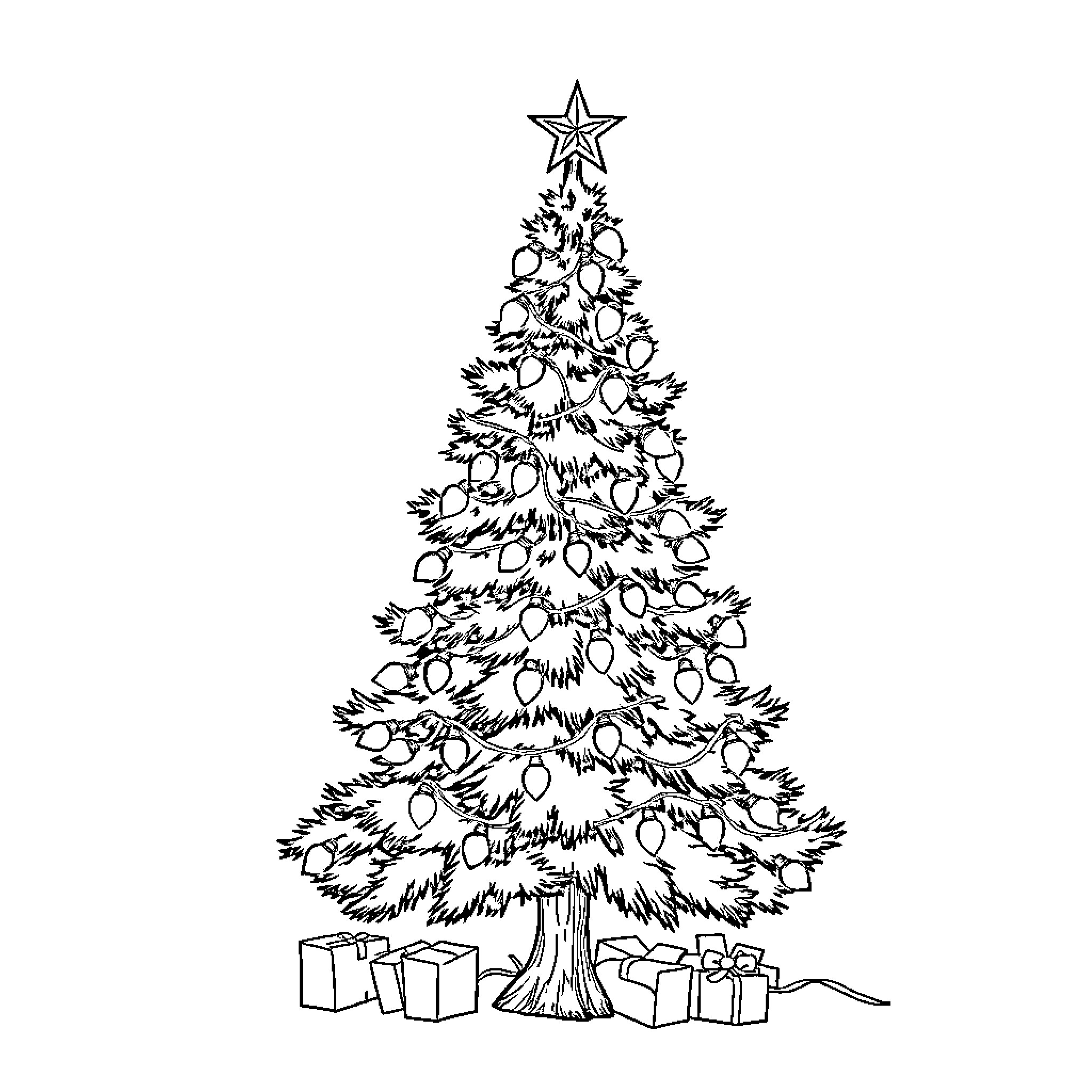 Christmas Tree with Decorative Ornaments Coloring Page (free black-and-white line drawing printable PDF for all, from beginners to advanced learners, including children, teens, adults, and seniors)