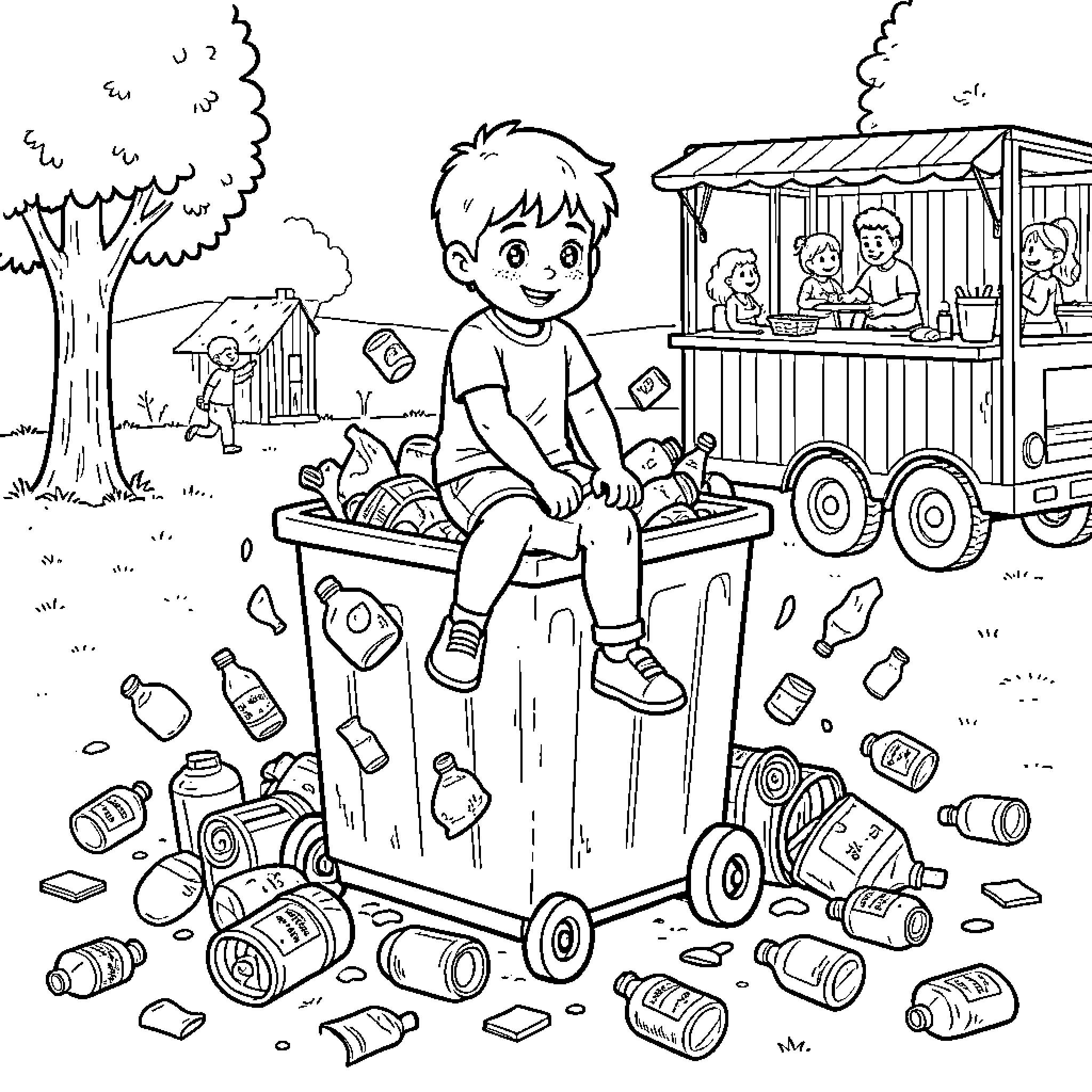 Garçon sitting on a bin near a food stall Coloring Page (free black-and-white line drawing printable PDF for all, from beginners to advanced learners, including children, teens, adults, and seniors)