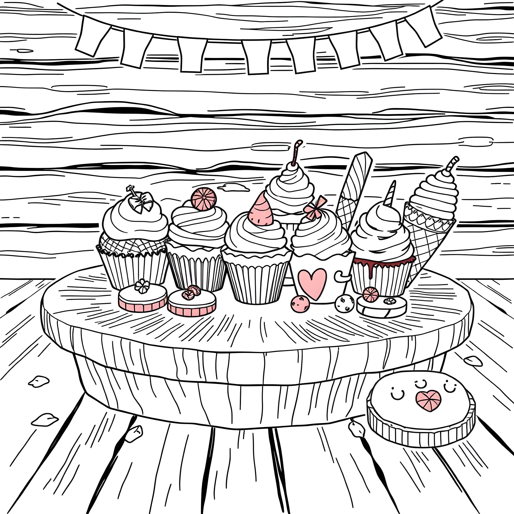 Sweet Treat: Delectable Cupcakes and Desserts on a Rustic Table Coloring Page (free black-and-white line drawing printable PDF for all, from beginners to advanced learners, including children, teens, adults, and seniors)