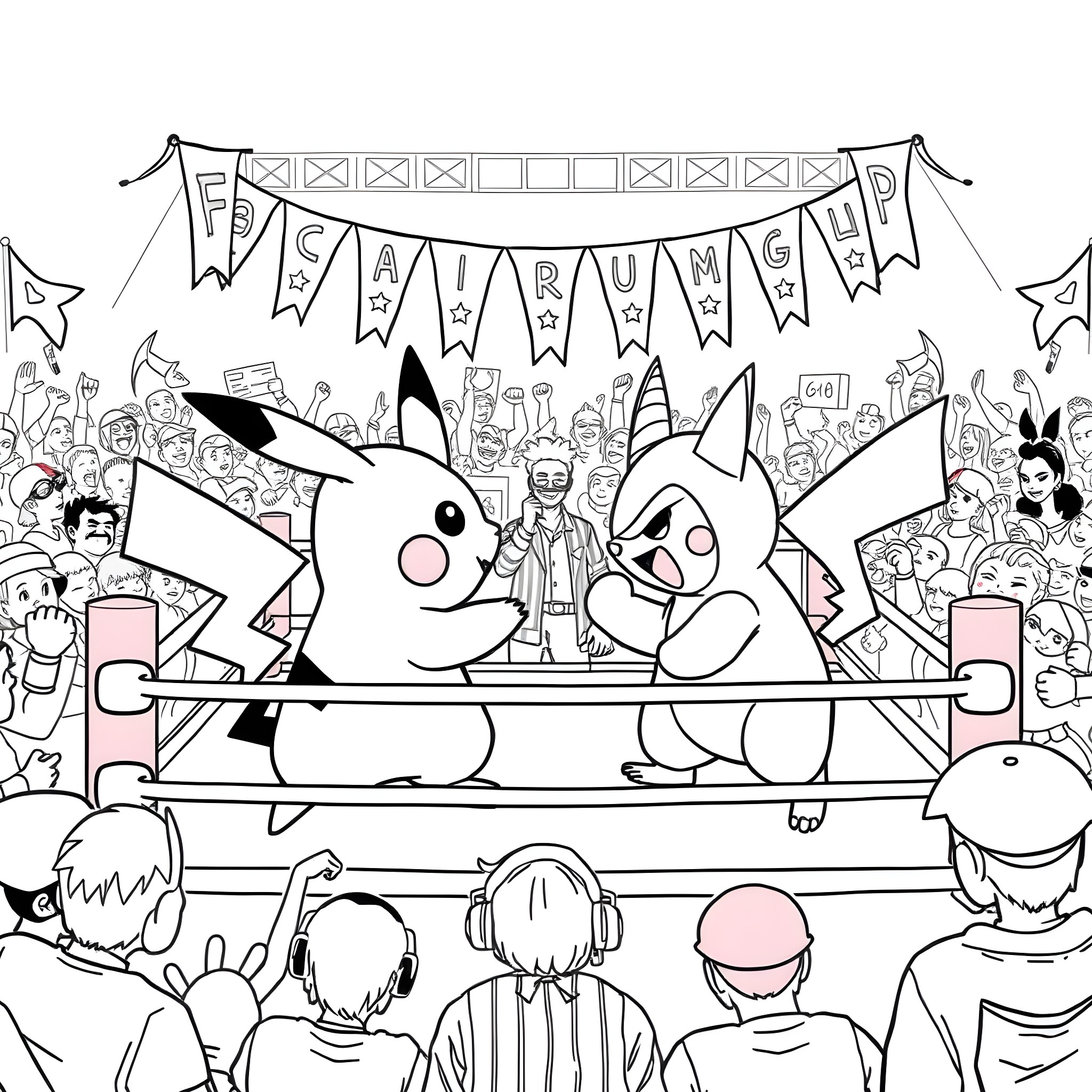 Pikachu hosting a lively wrestling event with fans Coloring Page (free black-and-white line drawing printable PDF for all, from beginners to advanced learners, including children, teens, adults, and seniors)