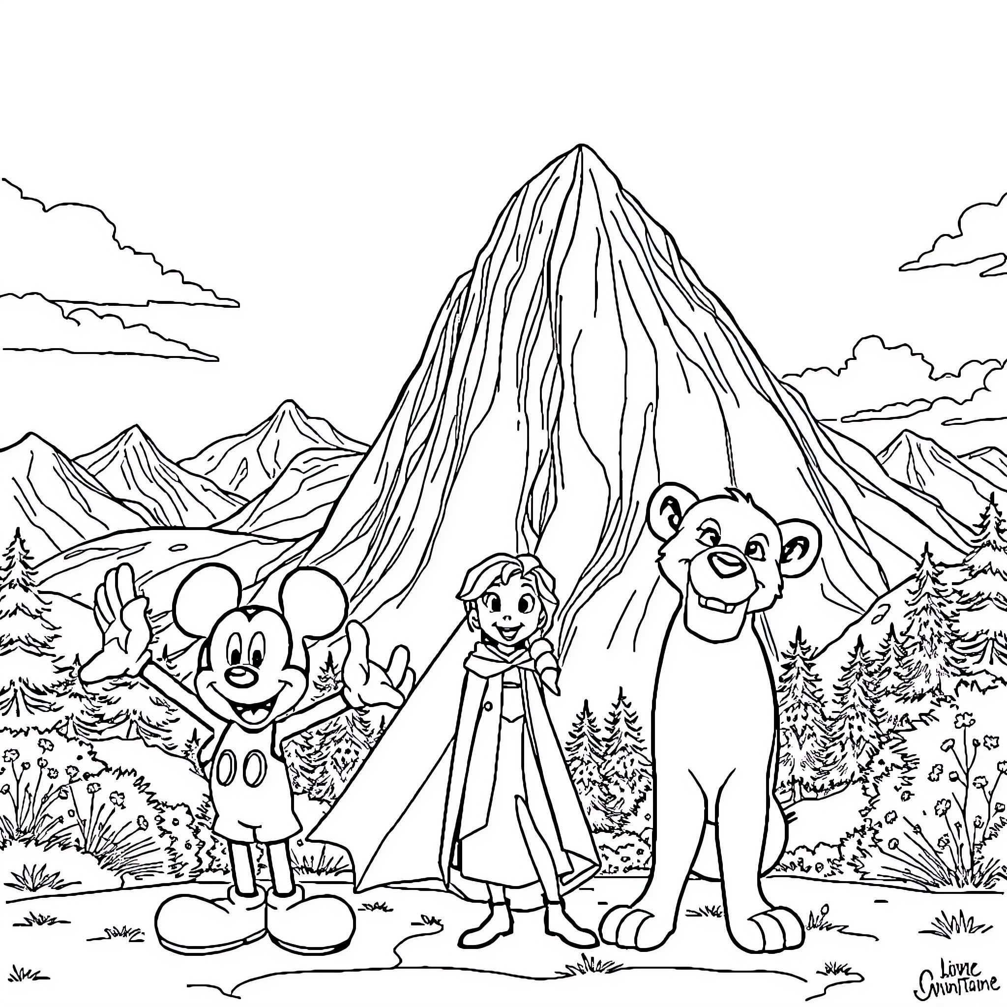 Disney Heroes on Mountain Adventure Coloring Page (free black-and-white line drawing printable PDF for all, from beginners to advanced learners, including children, teens, adults, and seniors)