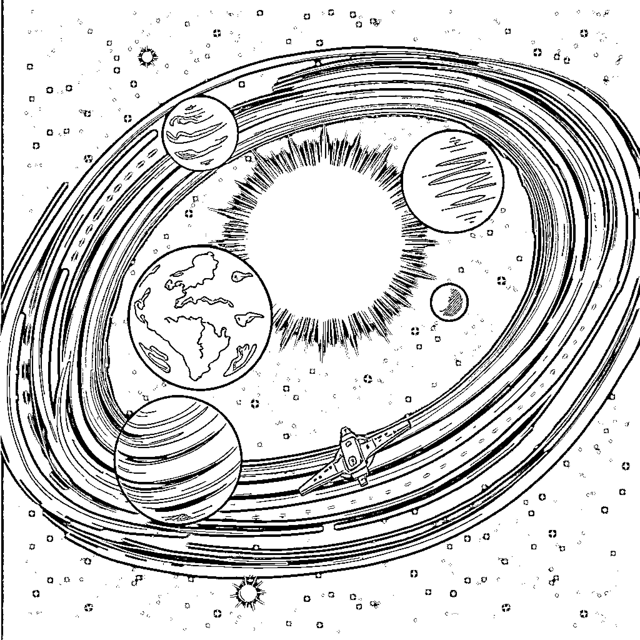 Planet Exploration Through the Cosmos Coloring Page (free black-and-white line drawing printable PDF for all, from beginners to advanced learners, including children, teens, adults, and seniors)