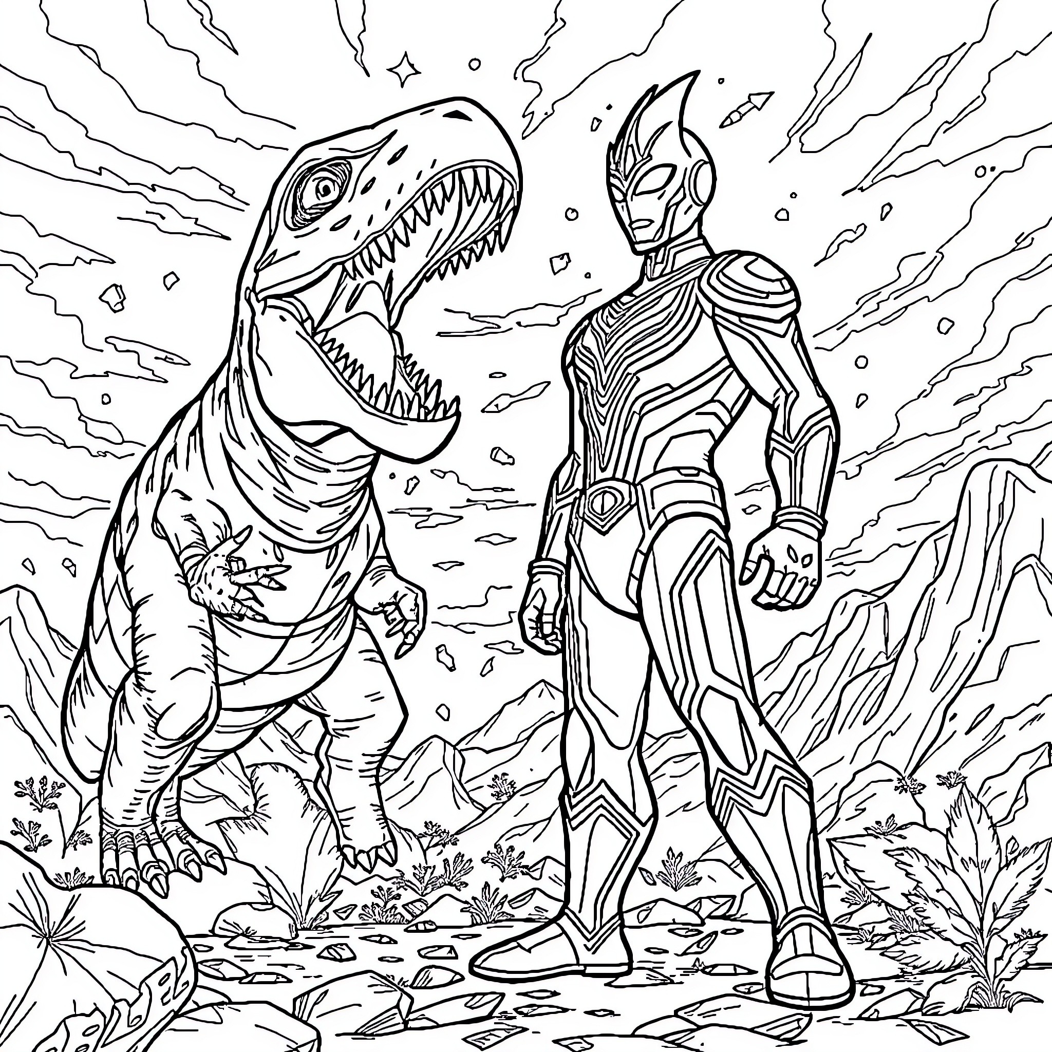 Ultraman confronts a fierce dinosaur in the wilderness Coloring Page (free black-and-white line drawing printable PDF for all, from beginners to advanced learners, including children, teens, adults, and seniors)