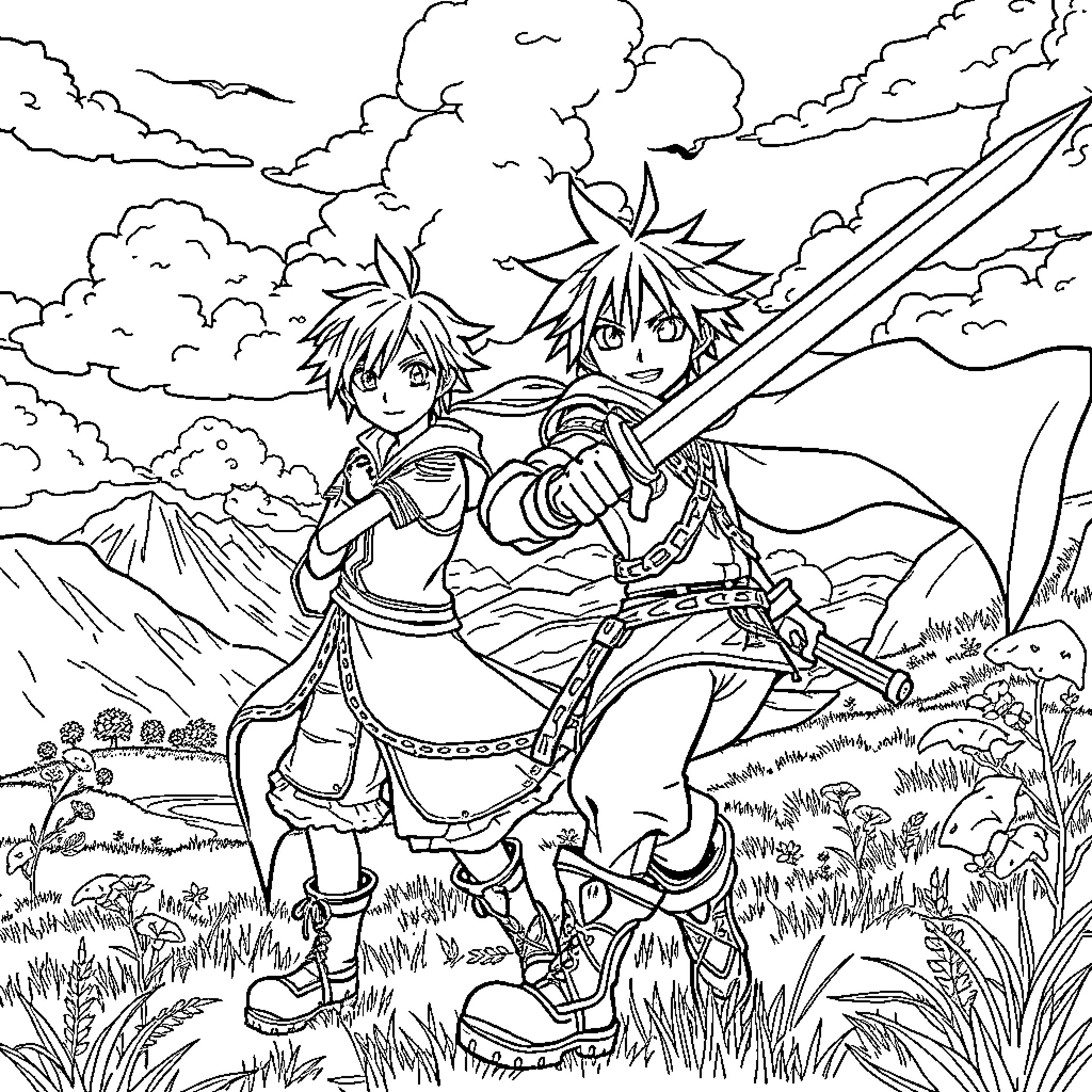 Sora's Adventure in the Enchanted Forest Coloring Page (free black-and-white line drawing printable PDF for all, from beginners to advanced learners, including children, teens, adults, and seniors)