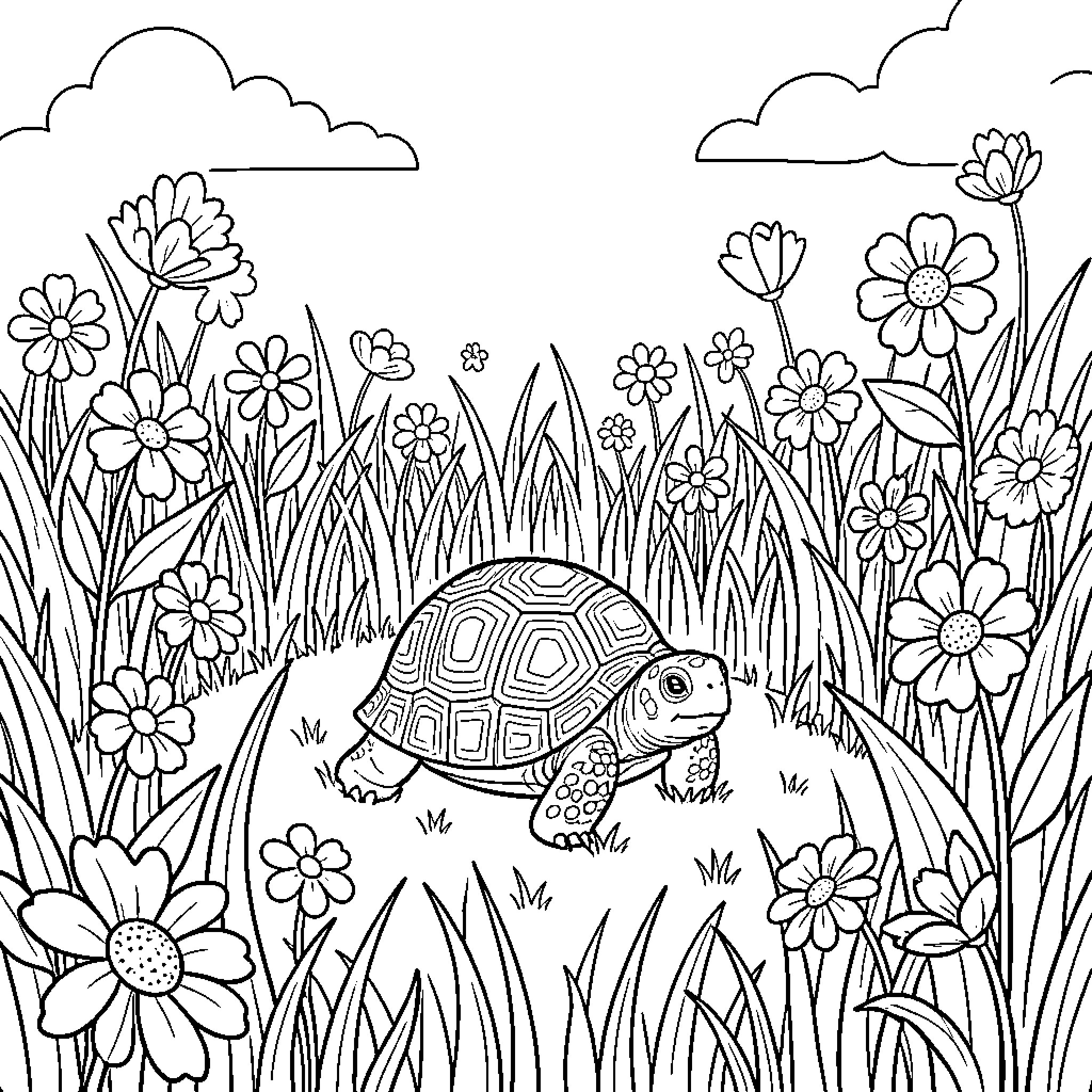Turtle exploring a flower-filled meadow Coloring Page (free black-and-white line drawing printable PDF for all, from beginners to advanced learners, including children, teens, adults, and seniors)
