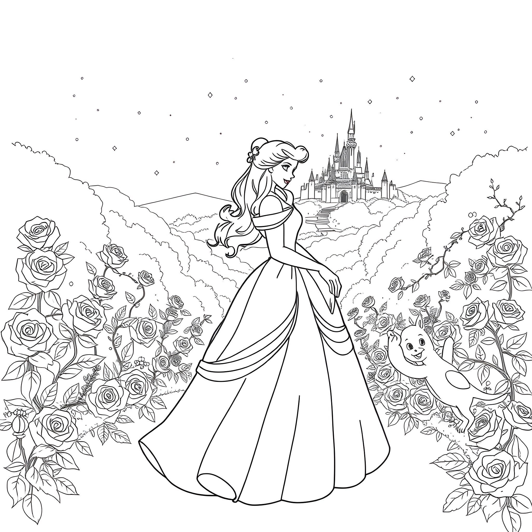 Belle's Enchanted Dream in the Flower Garden Coloring Page (free black-and-white line drawing printable PDF for all, from beginners to advanced learners, including children, teens, adults, and seniors)