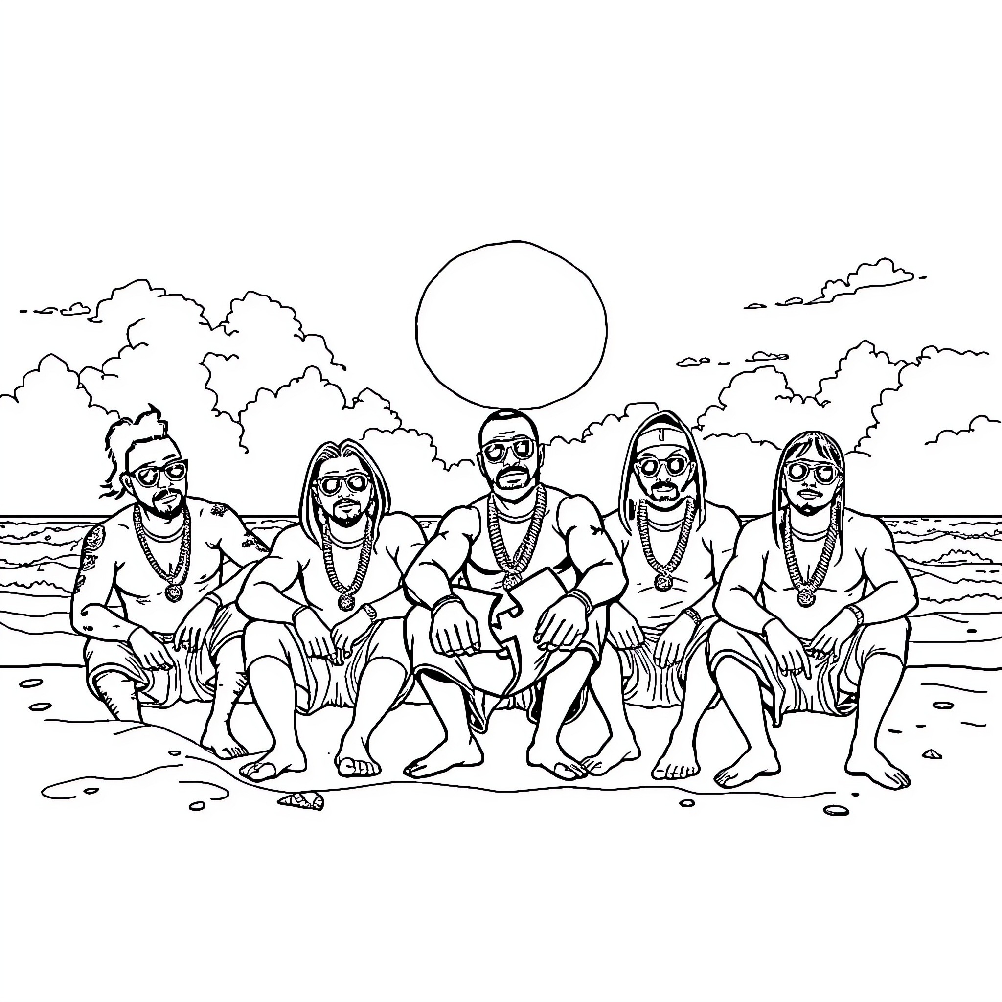 Wutang Clan enjoying a beachside gathering Coloring Page (free black-and-white line drawing printable PDF for all, from beginners to advanced learners, including children, teens, adults, and seniors)