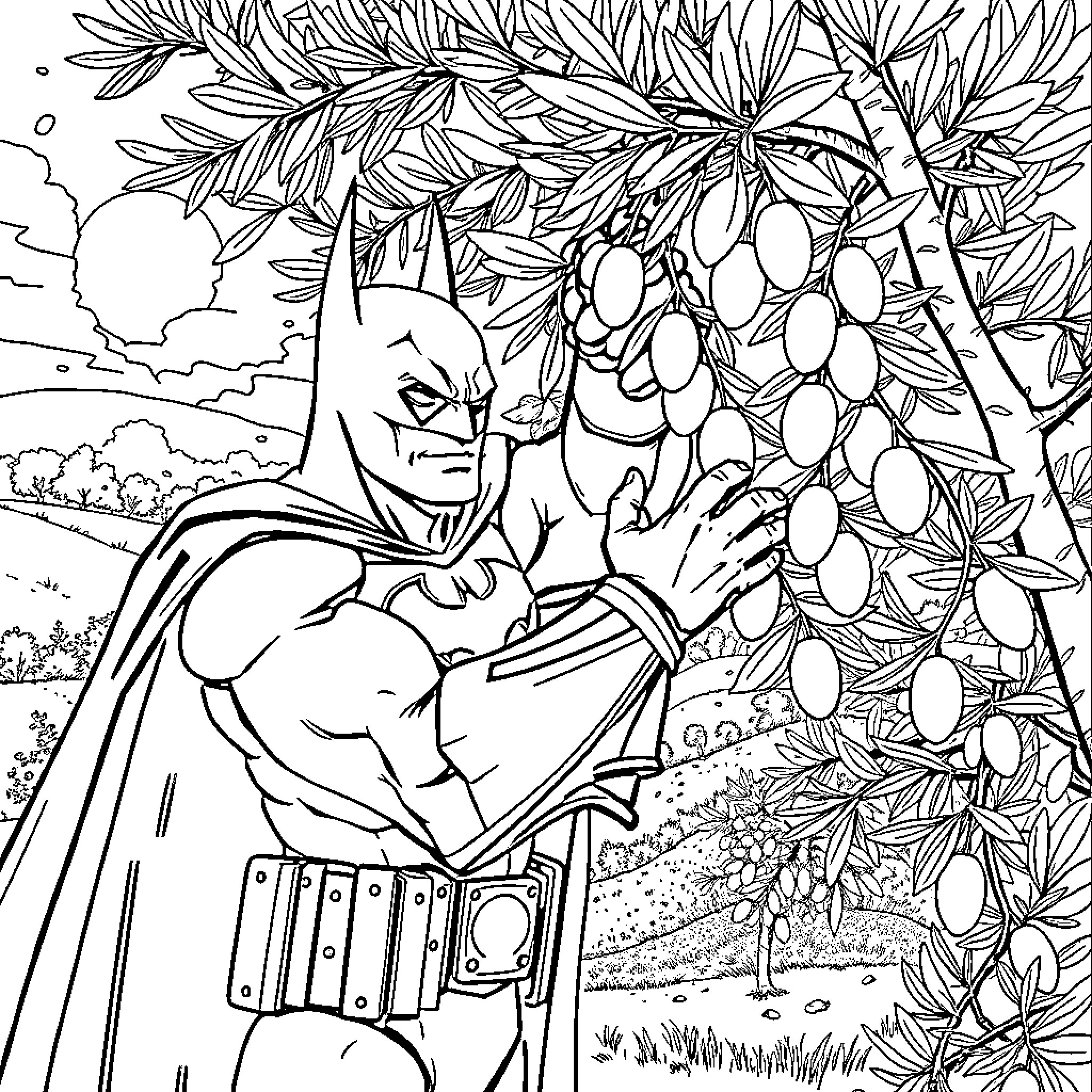 Batman surveying the lush forest environment Coloring Page (free black-and-white line drawing printable PDF for all, from beginners to advanced learners, including children, teens, adults, and seniors)