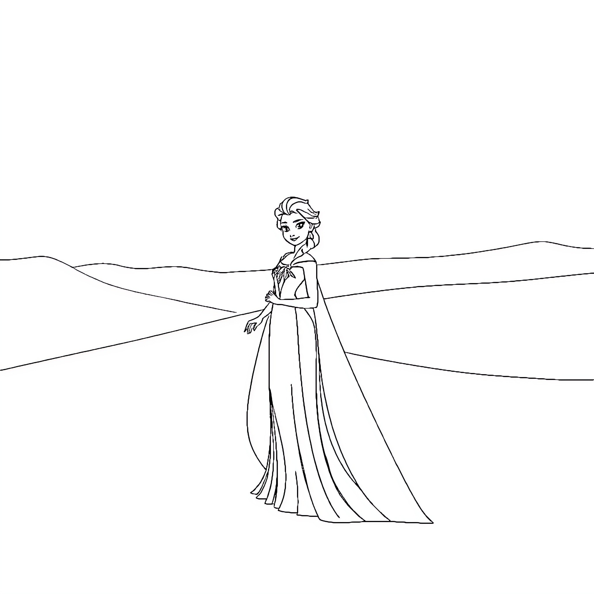 Princess Elsa in a Flowing Gown Amid Snowy Landscape Coloring Page (free black-and-white line drawing printable PDF for all, from beginners to advanced learners, including children, teens, adults, and seniors)