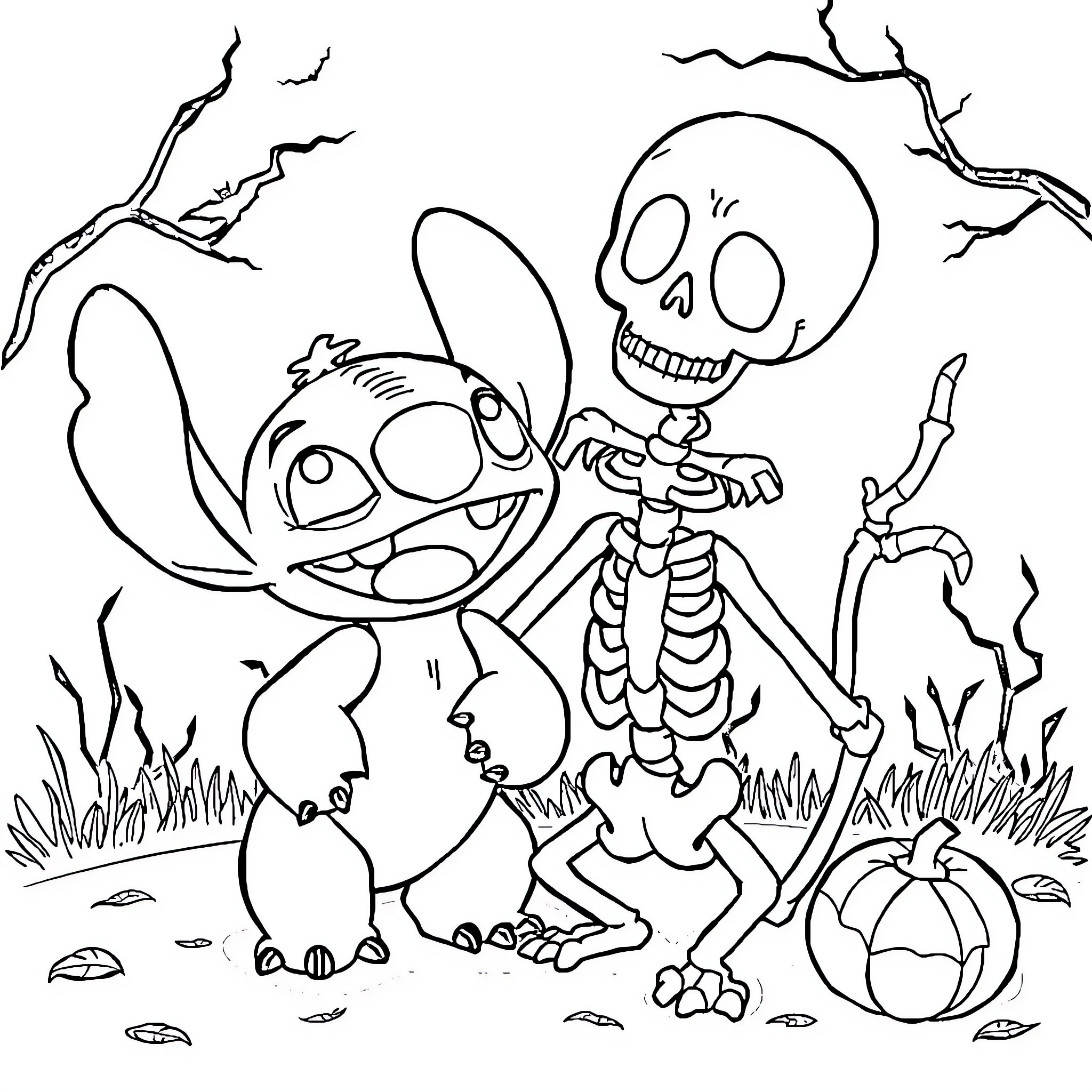 Stitch and Skeleton Bone Friend in Spooky Forest Coloring Page (free black-and-white line drawing printable PDF for all, from beginners to advanced learners, including children, teens, adults, and seniors)