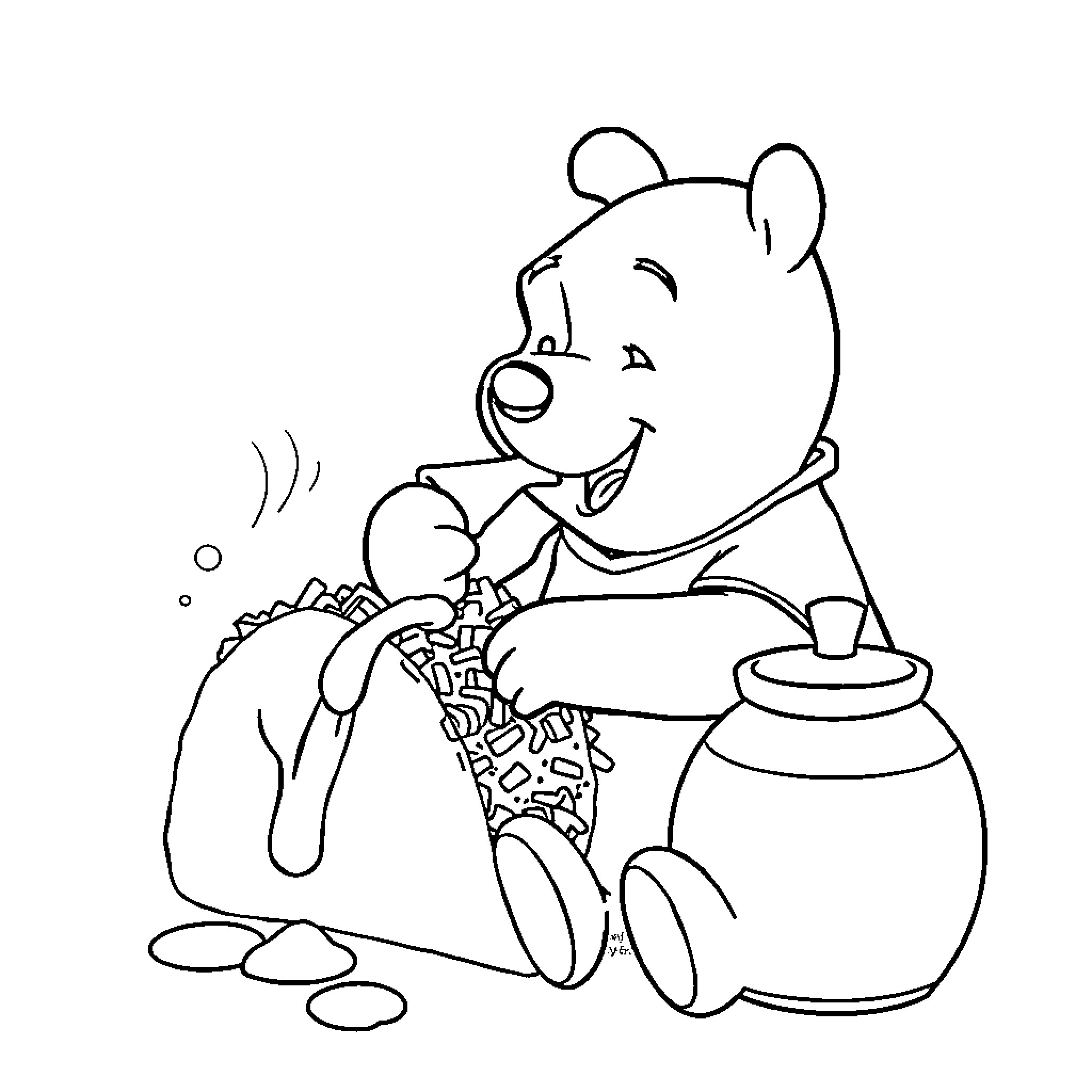Winnie The Pooh Enjoys Honey Pot Snack Coloring Page (free black-and-white line drawing printable PDF for all, from beginners to advanced learners, including children, teens, adults, and seniors)