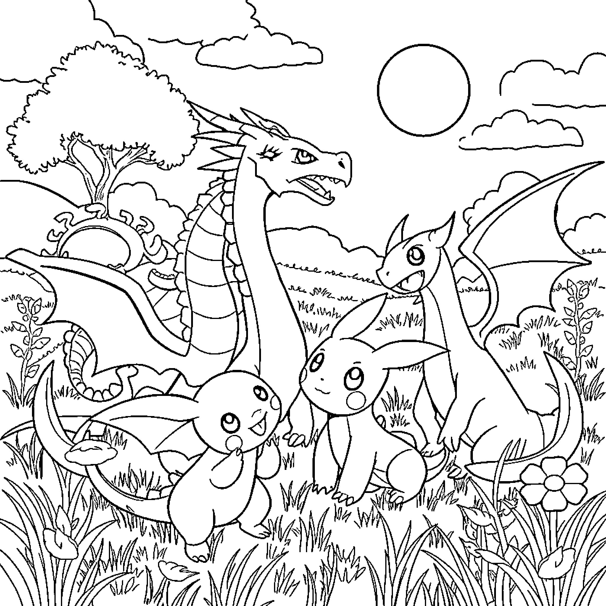 Pokémon characters in a nature scene Coloring Page (free black-and-white line drawing printable PDF for all, from beginners to advanced learners, including children, teens, adults, and seniors)