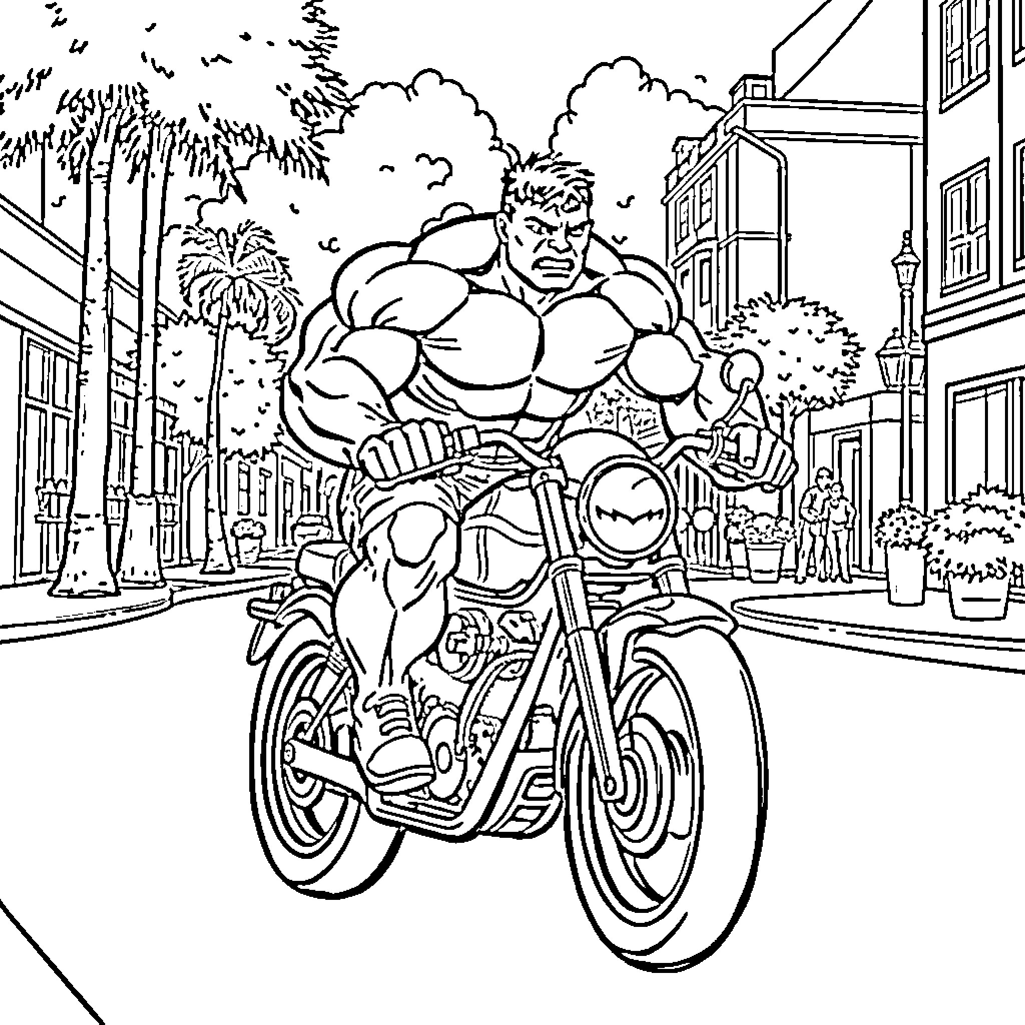 Hulk Rides Powerful Motorcycle Through City Streets Coloring Page (free black-and-white line drawing printable PDF for all, from beginners to advanced learners, including children, teens, adults, and seniors)