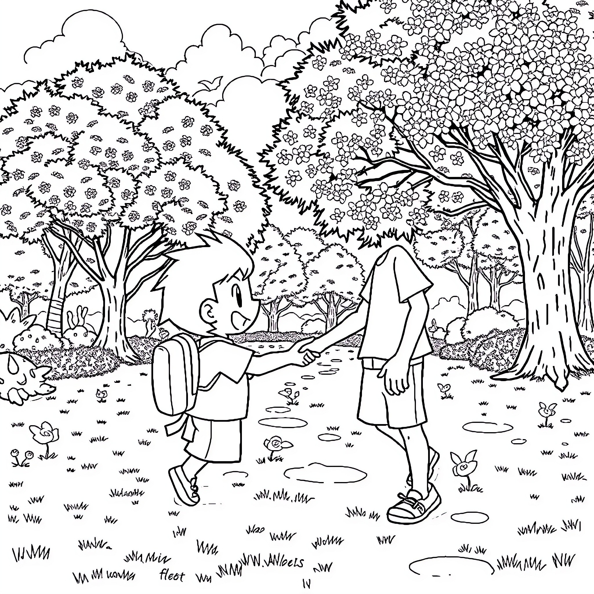 Ash Ketchum exploring the enchanting forest Coloring Page (free black-and-white line drawing printable PDF for all, from beginners to advanced learners, including children, teens, adults, and seniors)