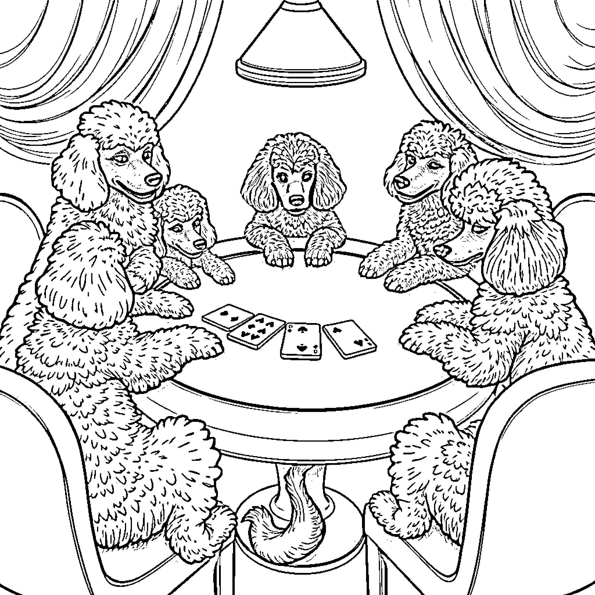 Poodle Puppies Playing Cards on Stage Coloring Page (free black-and-white line drawing printable PDF for all, from beginners to advanced learners, including children, teens, adults, and seniors)