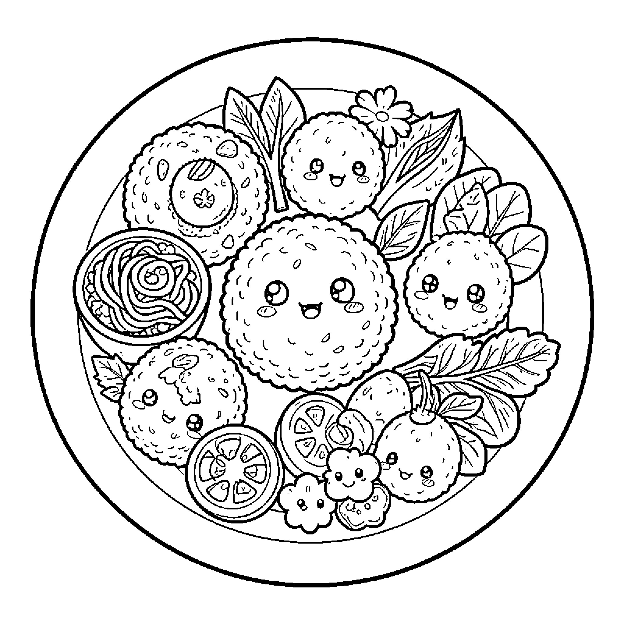 Food adorned with cute floral accents Coloring Page (free black-and-white line drawing printable PDF for all, from beginners to advanced learners, including children, teens, adults, and seniors)