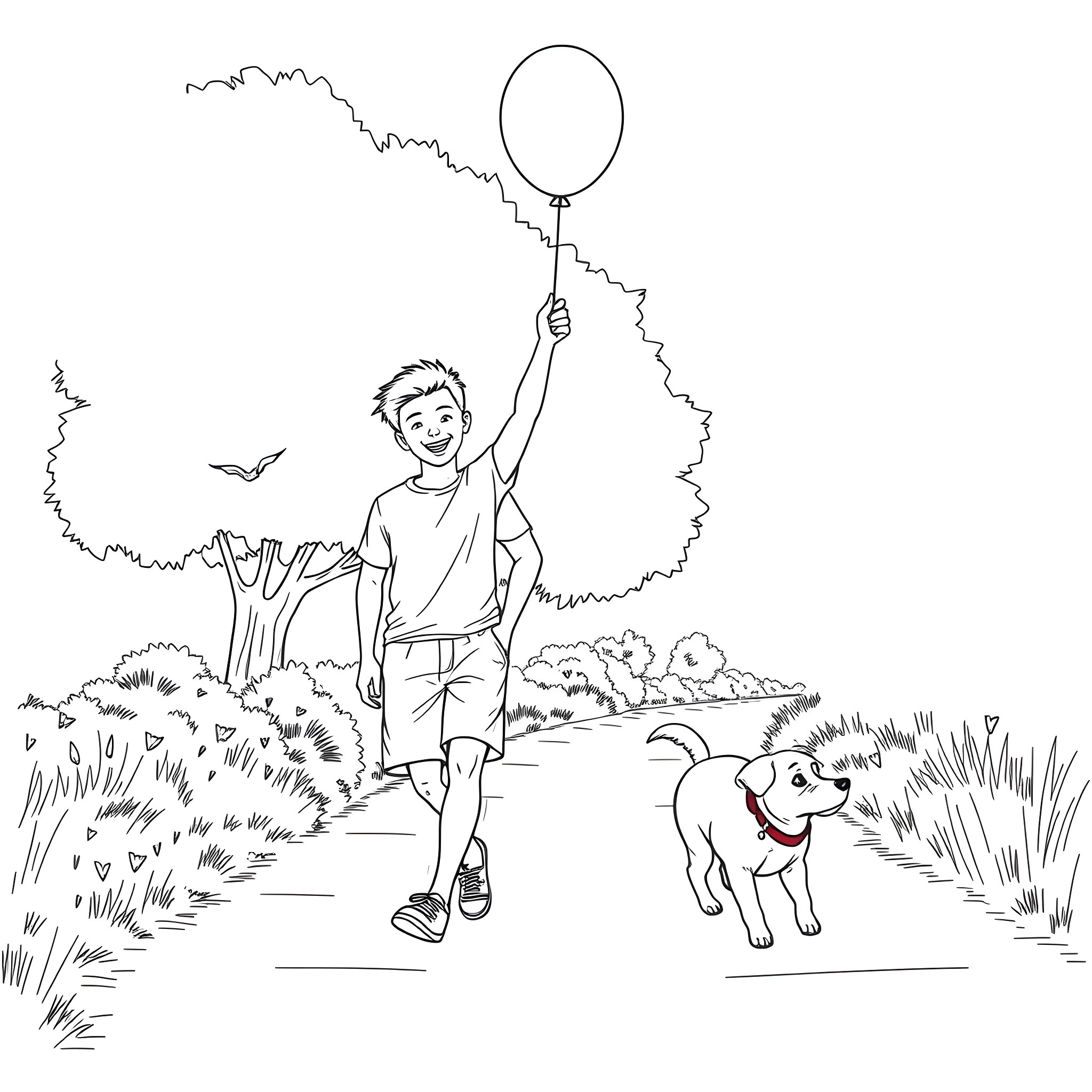Man holding a balloon walking with his dog in the park Coloring Page (free black-and-white line drawing printable PDF for all, from beginners to advanced learners, including children, teens, adults, and seniors)