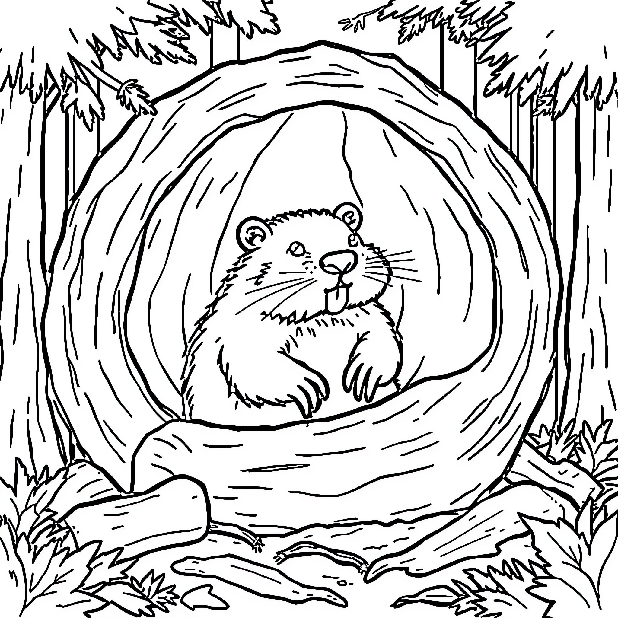 Beaver peeking out of its cozy log den Coloring Page (free black-and-white line drawing printable PDF for all, from beginners to advanced learners, including children, teens, adults, and seniors)