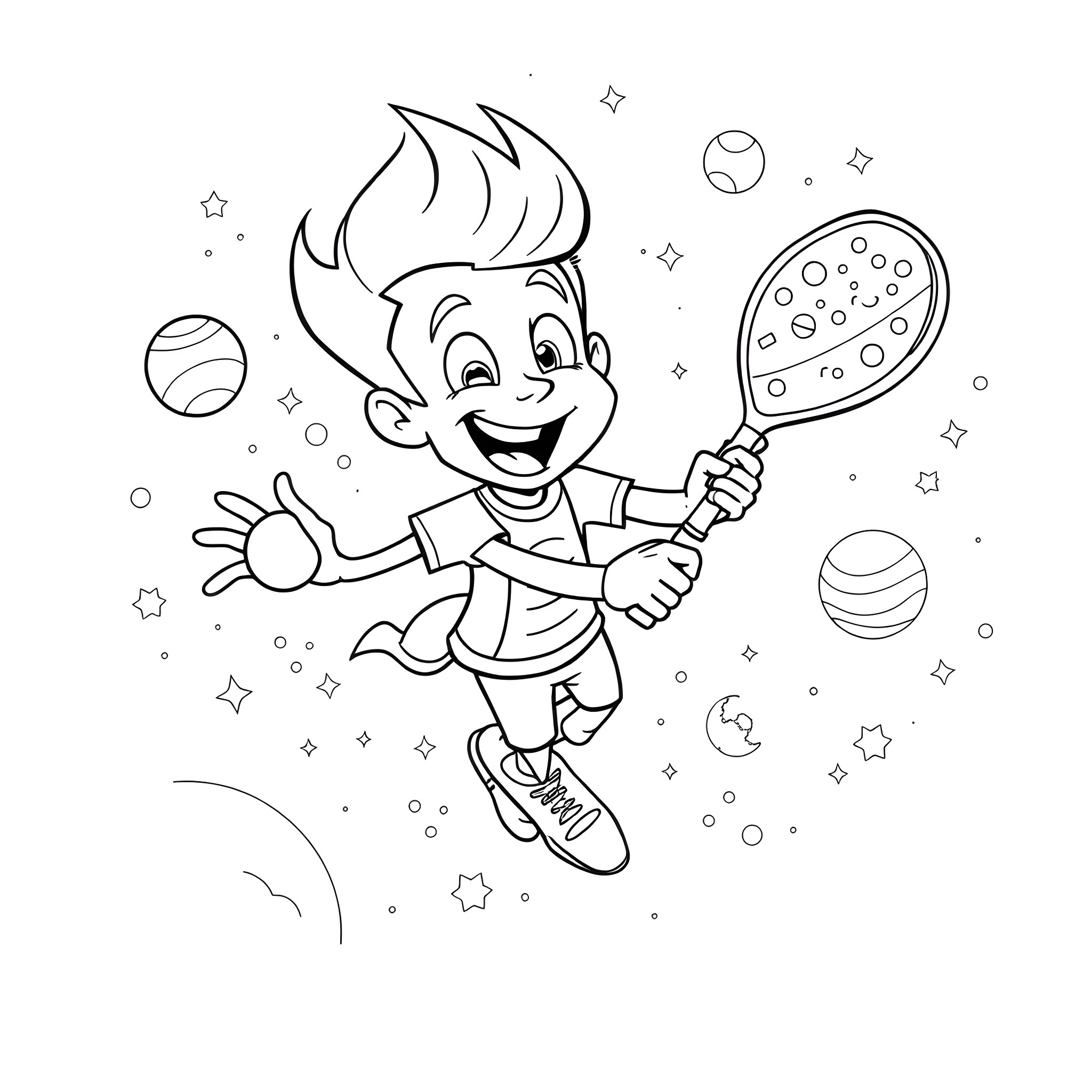 Jimmy Neutron playing with sports equipment in space Coloring Page (free black-and-white line drawing printable PDF for all, from beginners to advanced learners, including children, teens, adults, and seniors)