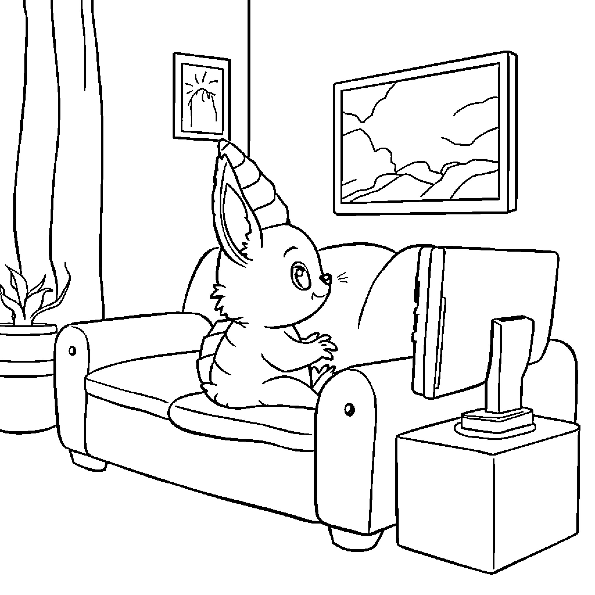Rabbit relaxing on the couch at home Coloring Page (free black-and-white line drawing printable PDF for all, from beginners to advanced learners, including children, teens, adults, and seniors)
