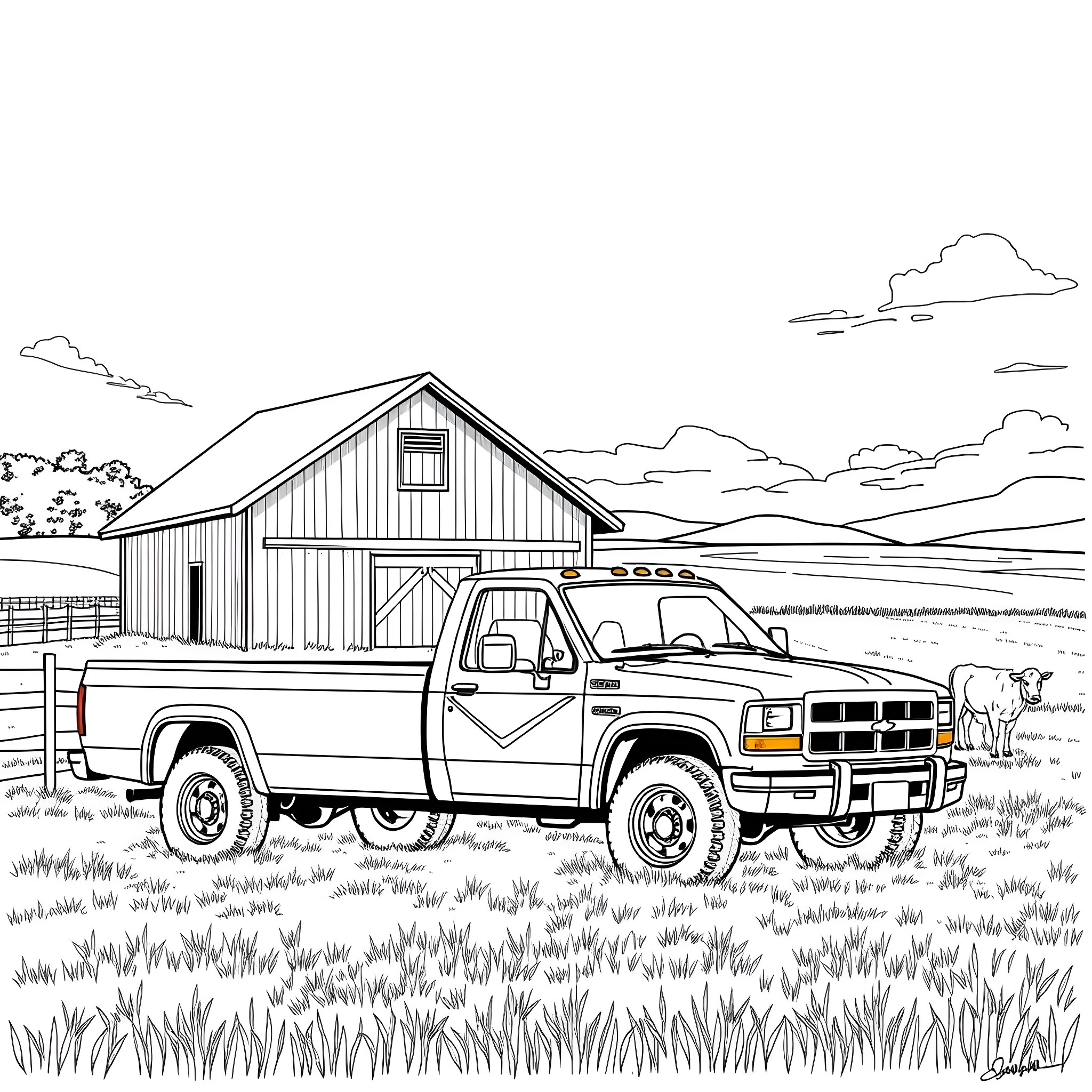 Pickup Truck in the Country with a Barn Coloring Page (free black-and-white line drawing printable PDF for all, from beginners to advanced learners, including children, teens, adults, and seniors)