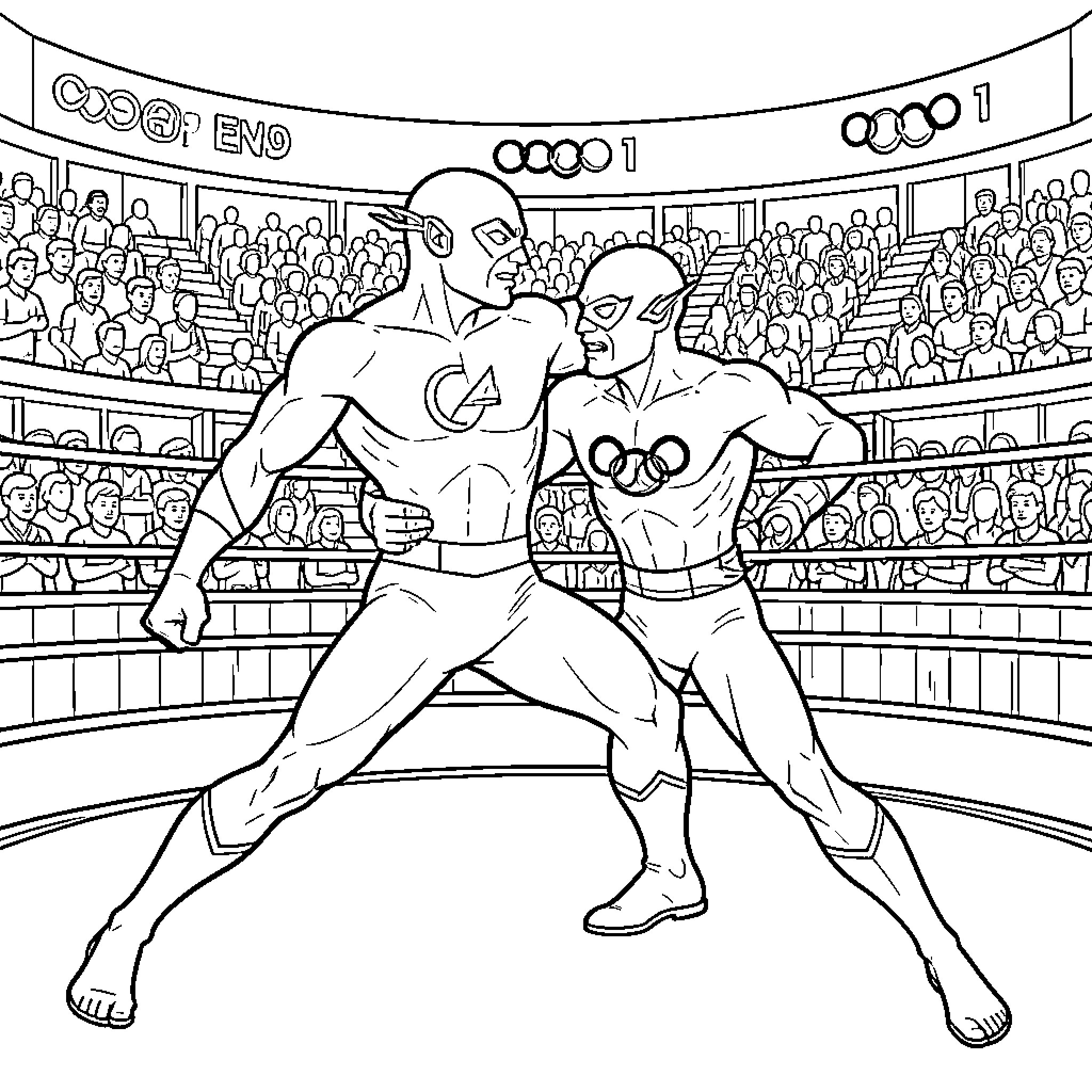 The Flash battling a rival in a wrestling ring Coloring Page (free black-and-white line drawing printable PDF for all, from beginners to advanced learners, including children, teens, adults, and seniors)