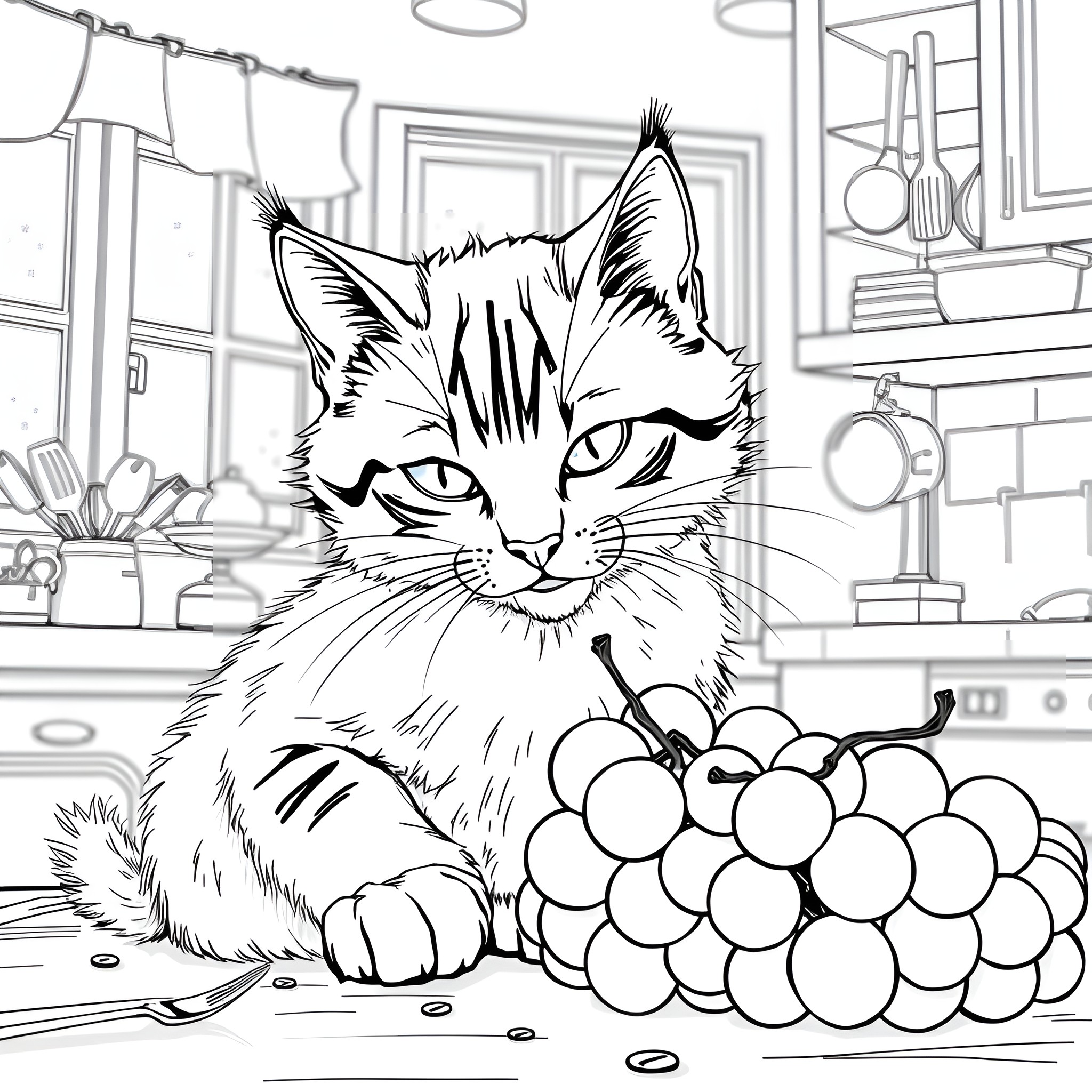 Cat with Grapes in the Kitchen Coloring Page (free black-and-white line drawing printable PDF for all, from beginners to advanced learners, including children, teens, adults, and seniors)