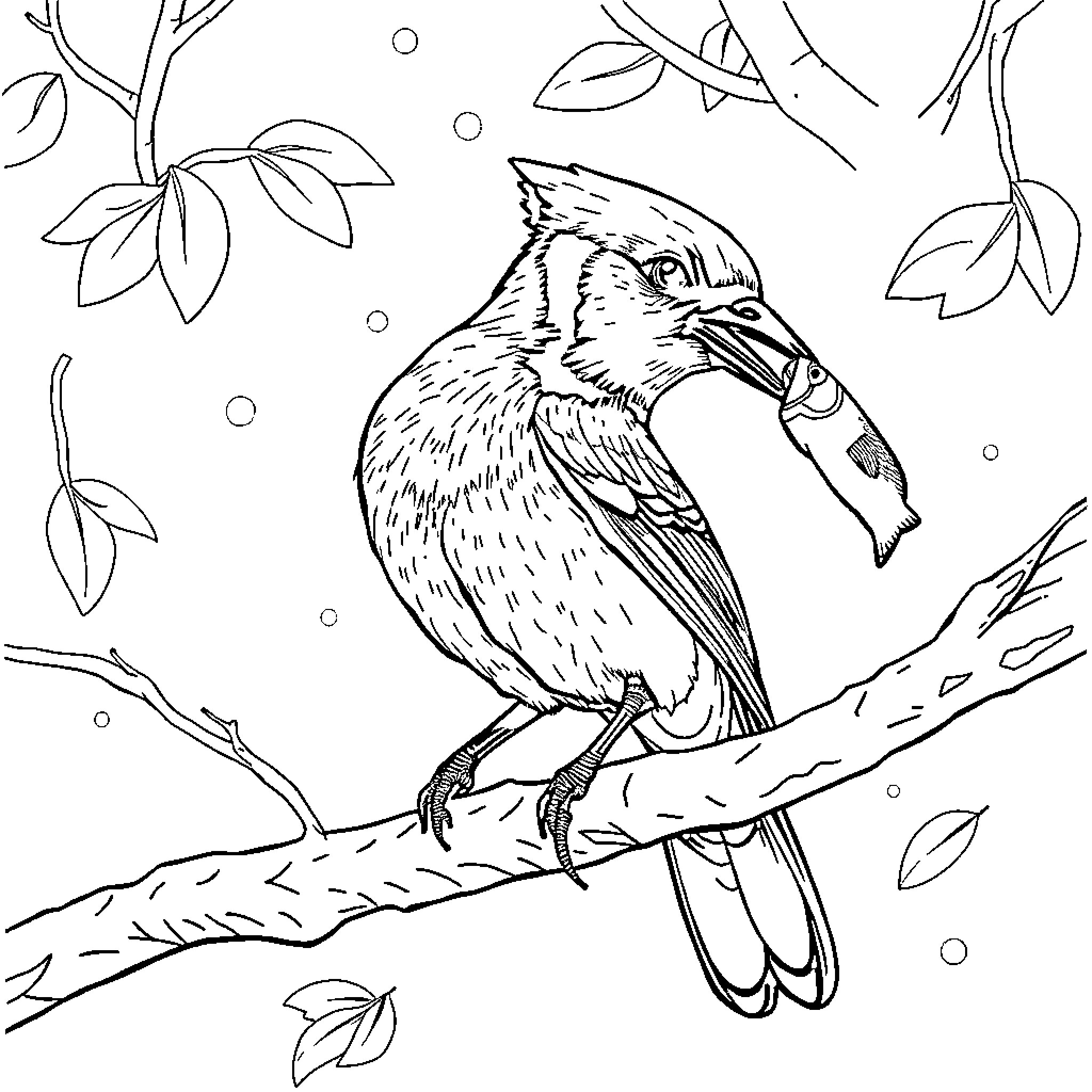 Blue Jay perched on a branch Coloring Page (free black-and-white line drawing printable PDF for all, from beginners to advanced learners, including children, teens, adults, and seniors)