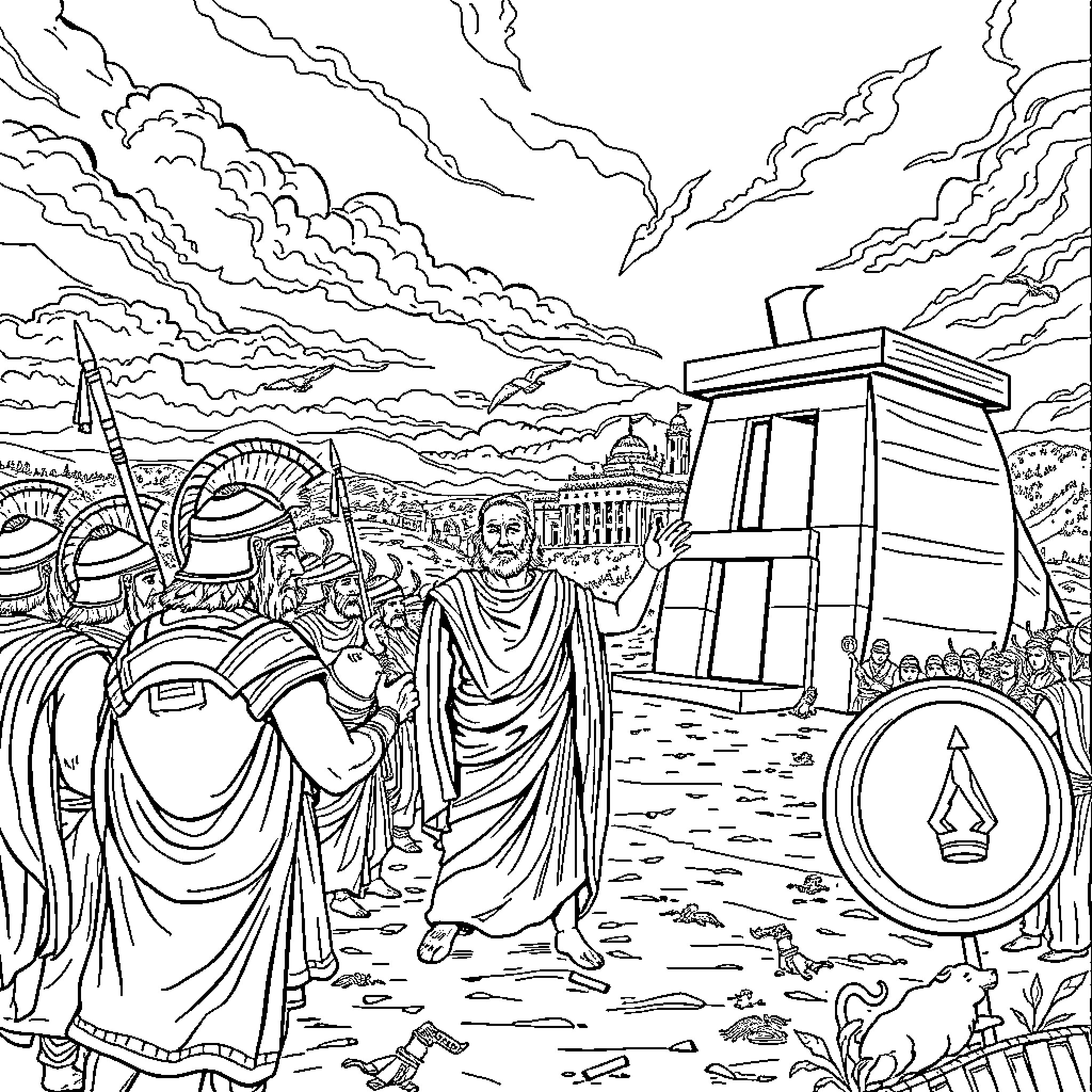Odysseus Returning Home after the Trojan War Coloring Page (free black-and-white line drawing printable PDF for all, from beginners to advanced learners, including children, teens, adults, and seniors)