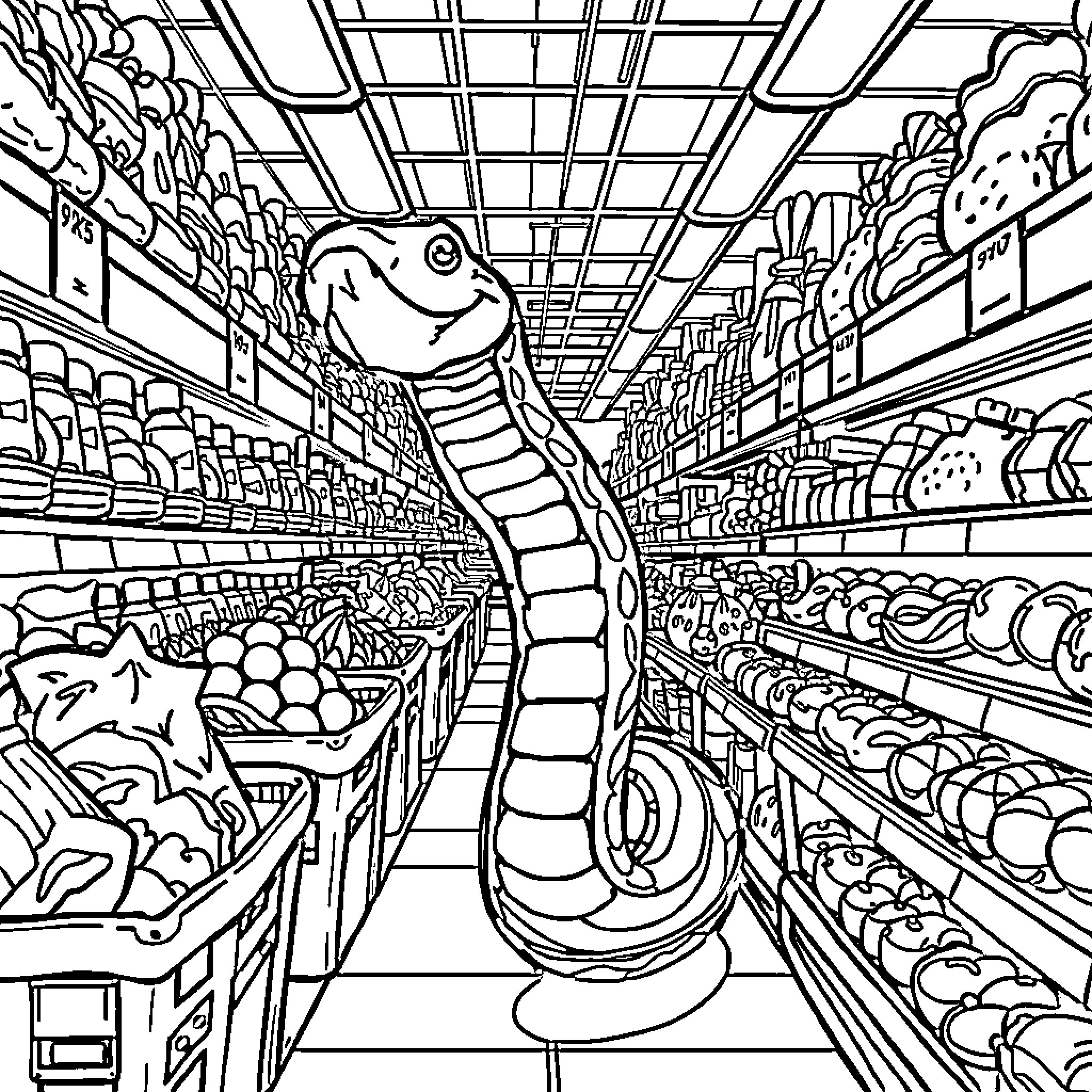 Snake exploring a busy grocery store aisle Coloring Page (free black-and-white line drawing printable PDF for all, from beginners to advanced learners, including children, teens, adults, and seniors)