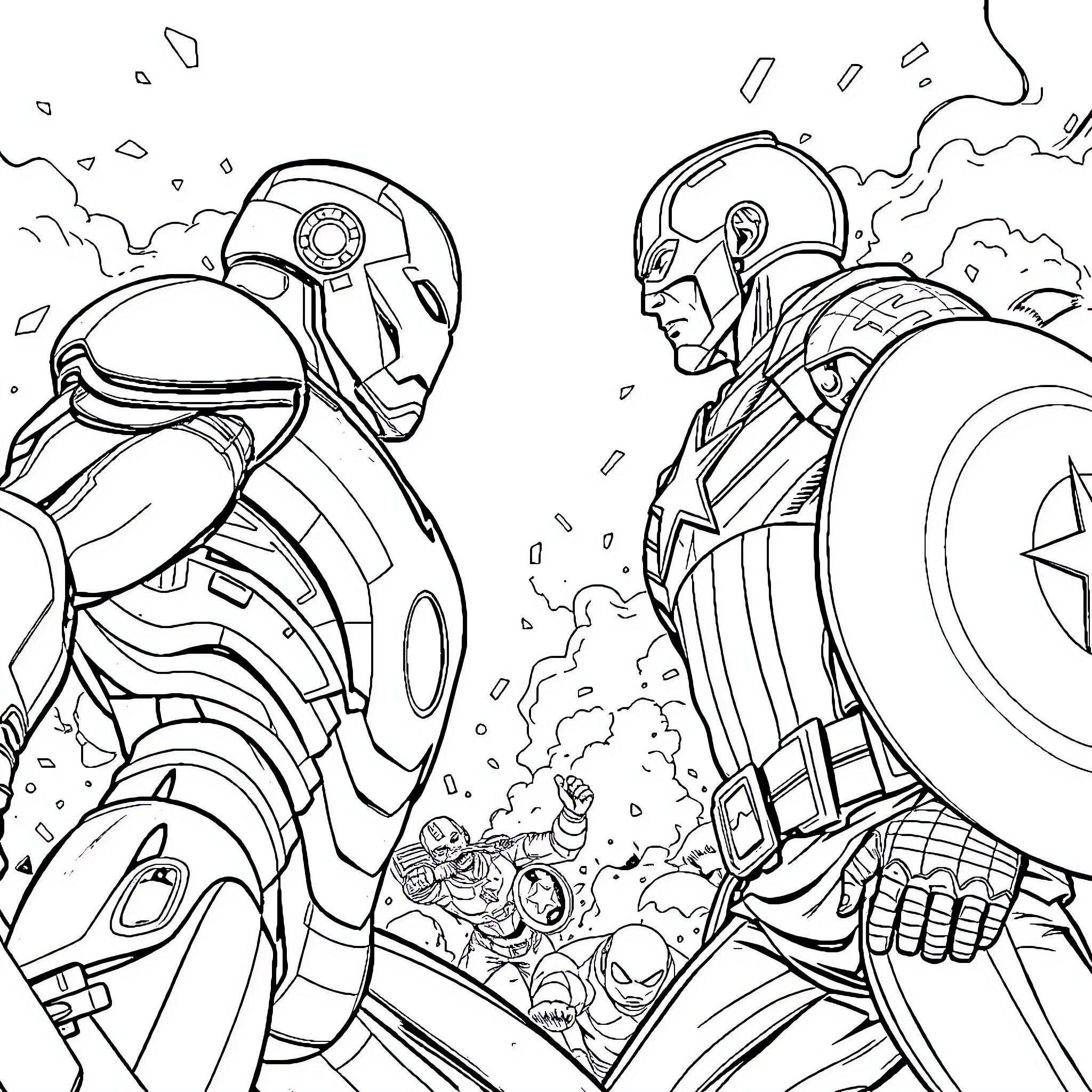 Ironman in epic battle with superhero Coloring Page (free black-and-white line drawing printable PDF for all, from beginners to advanced learners, including children, teens, adults, and seniors)