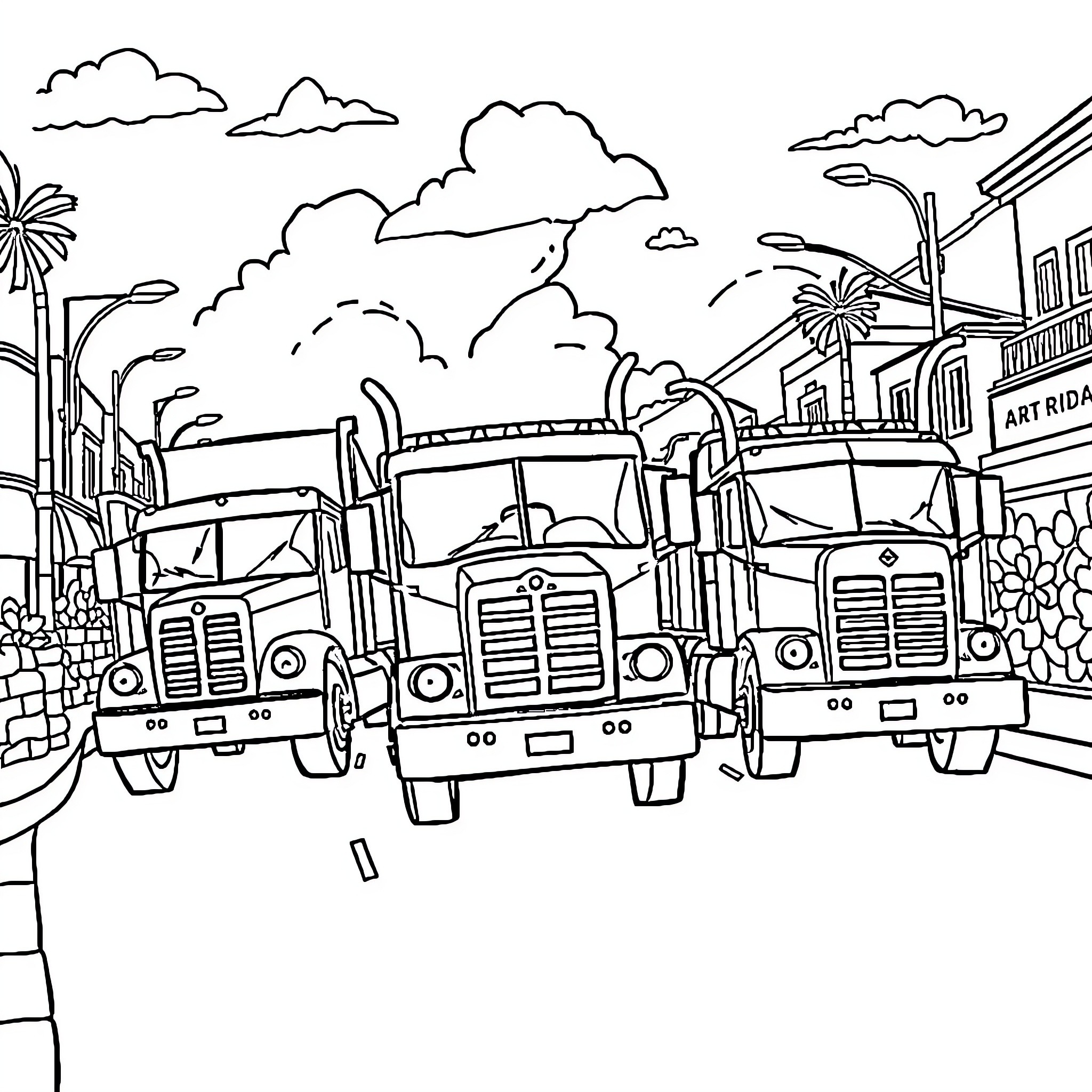 Truck convoy passing through urban landscape Coloring Page (free black-and-white line drawing printable PDF for all, from beginners to advanced learners, including children, teens, adults, and seniors)