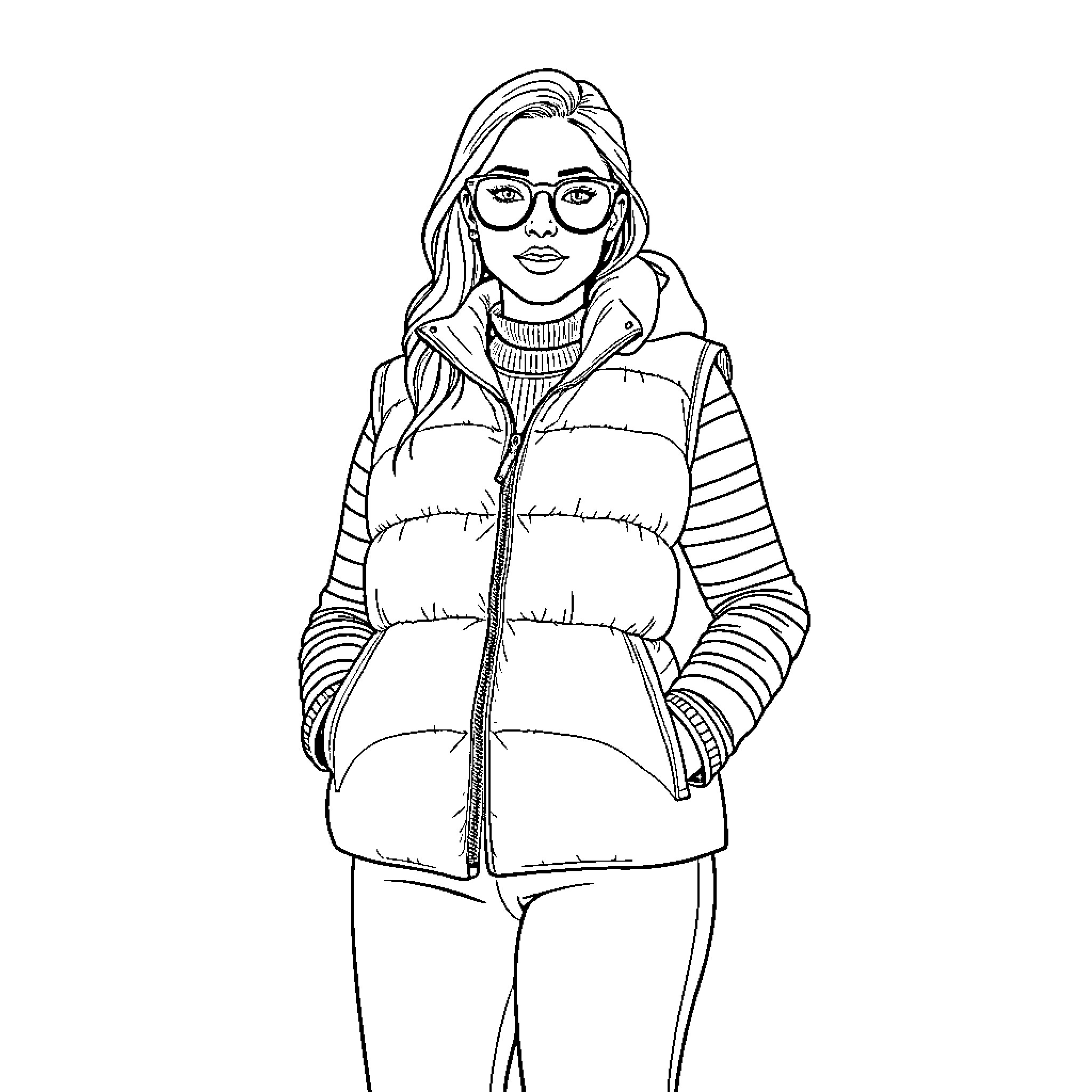 Woman in warm winter outfit with glasses Coloring Page (free black-and-white line drawing printable PDF for all, from beginners to advanced learners, including children, teens, adults, and seniors)