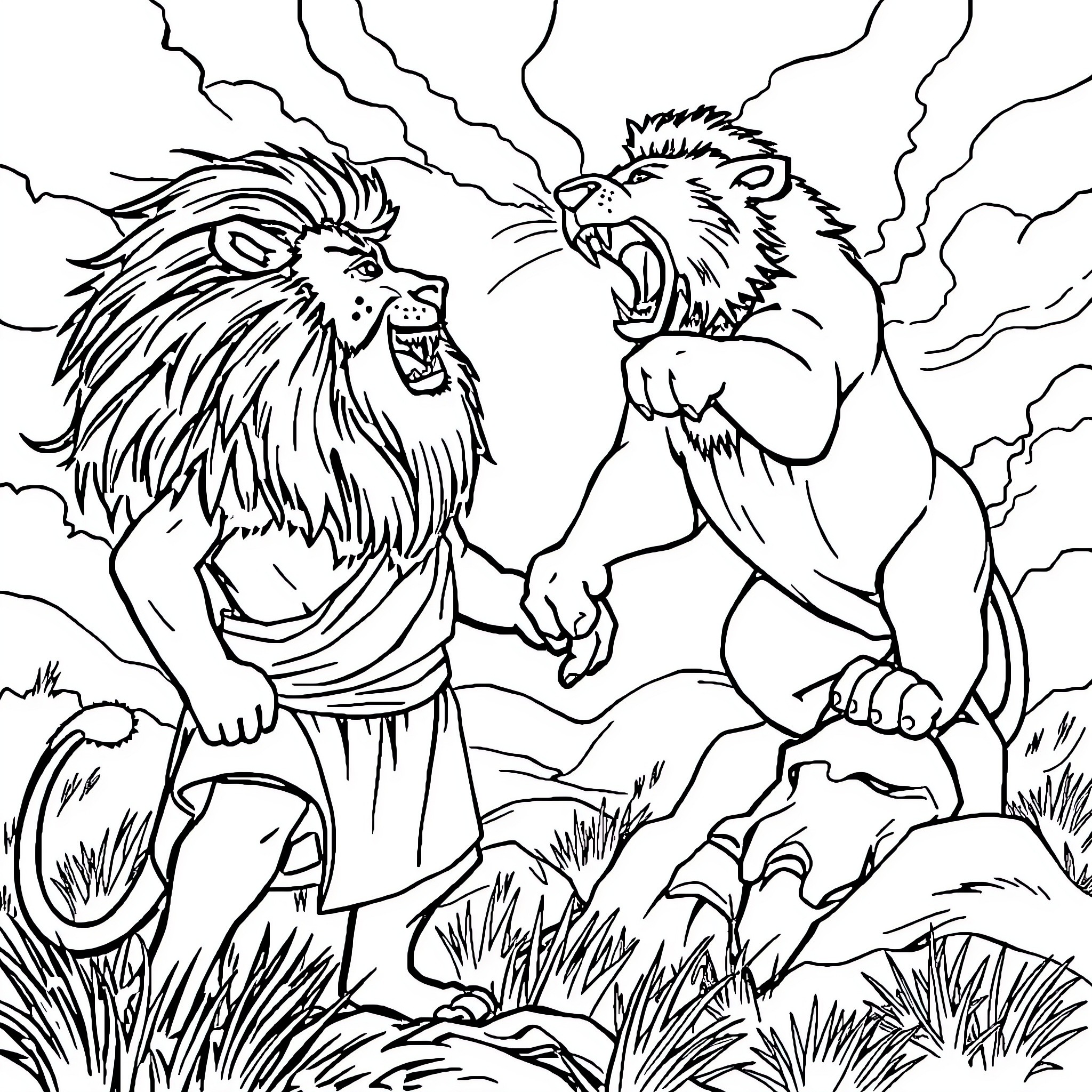 Samson's Mighty Encounter with the Ferocious Lions Coloring Page (free black-and-white line drawing printable PDF for all, from beginners to advanced learners, including children, teens, adults, and seniors)