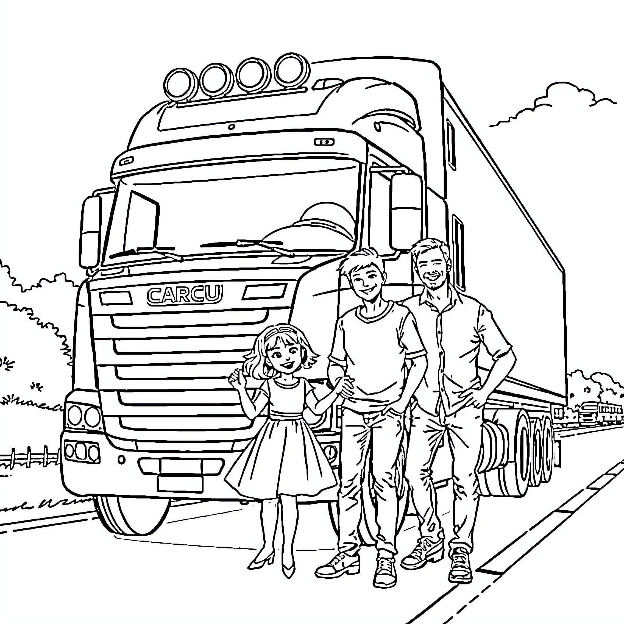Family's Adventure with a Cargo Truck Coloring Page (free black-and-white line drawing printable PDF for all, from beginners to advanced learners, including children, teens, adults, and seniors)