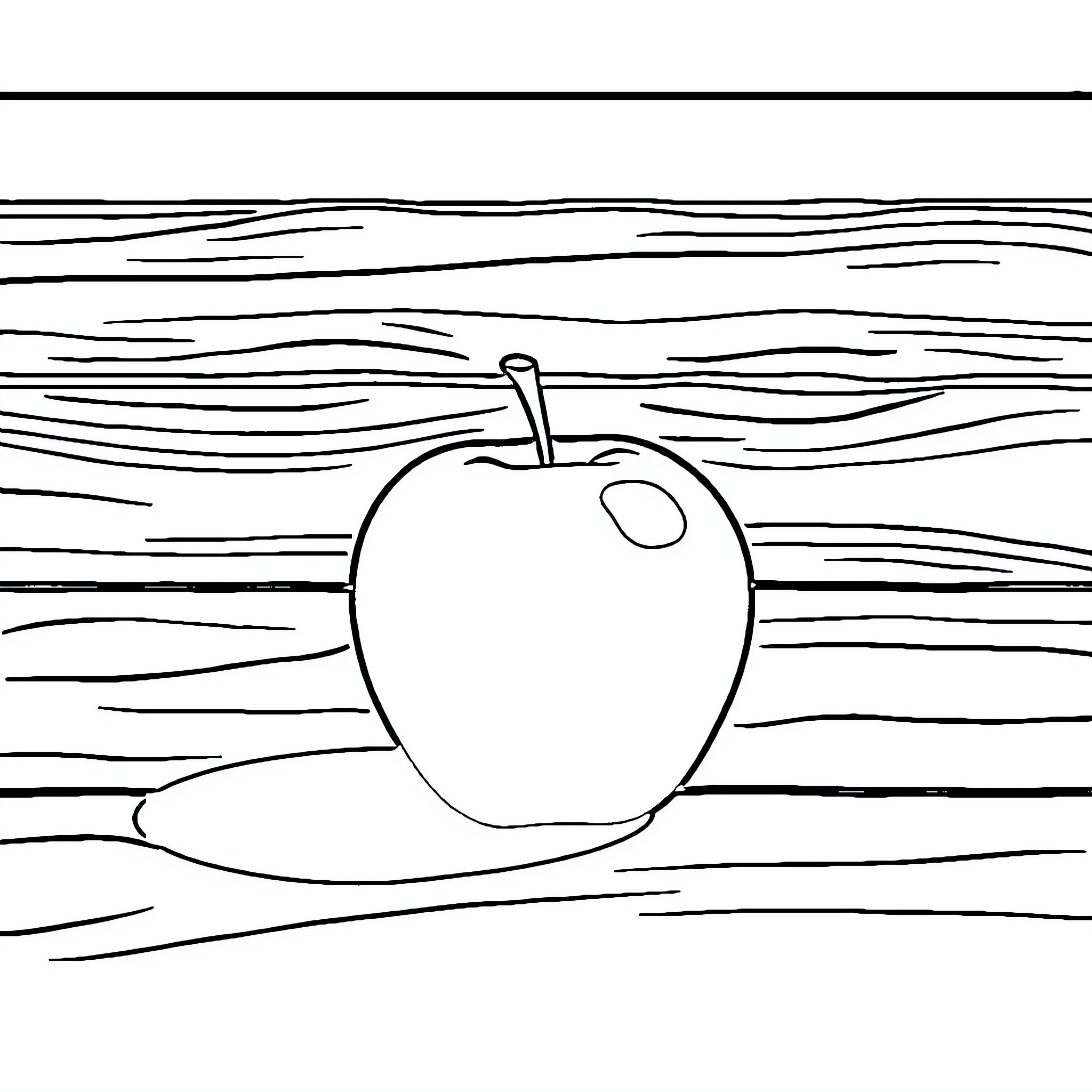 Apple on wooden surface Coloring Page (free black-and-white line drawing printable PDF for all, from beginners to advanced learners, including children, teens, adults, and seniors)