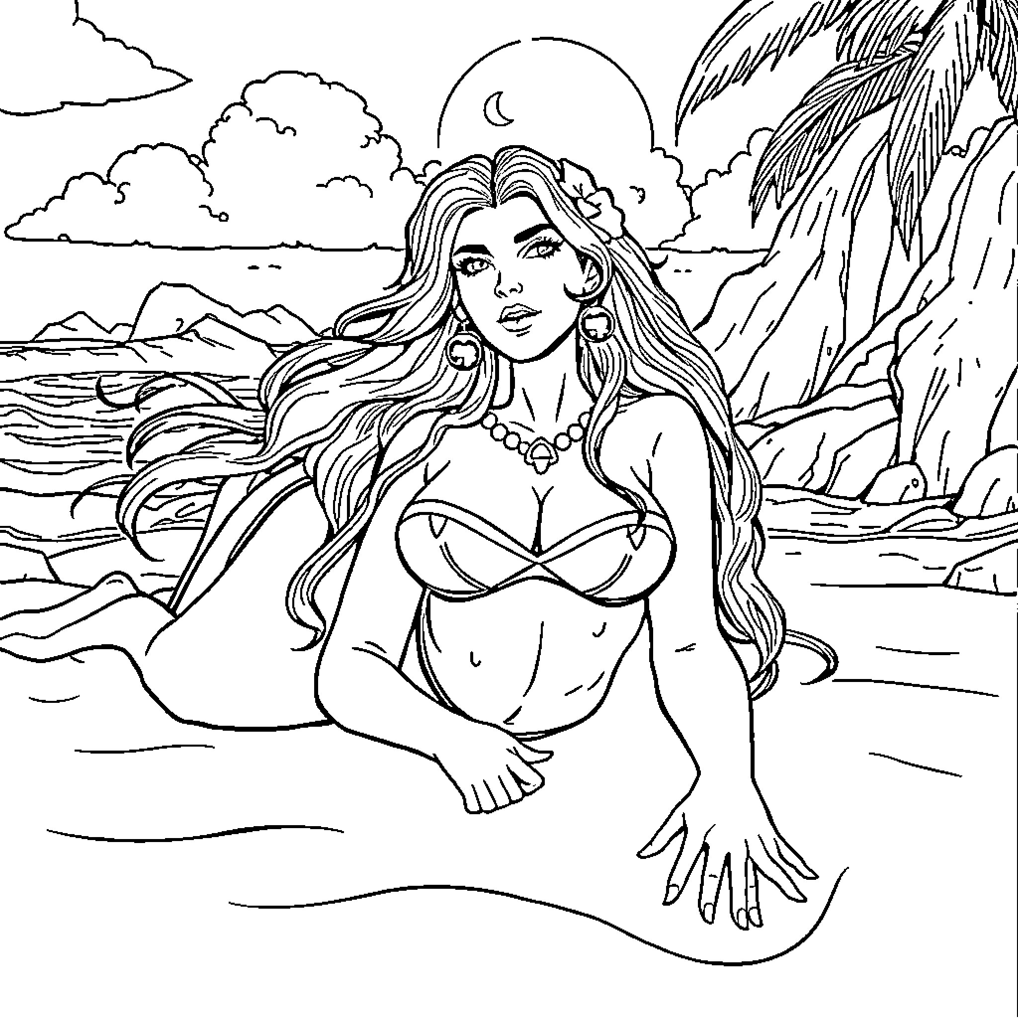 Xena, the Warrior Mermaid on a Tropical Beach Coloring Page (free black-and-white line drawing printable PDF for all, from beginners to advanced learners, including children, teens, adults, and seniors)