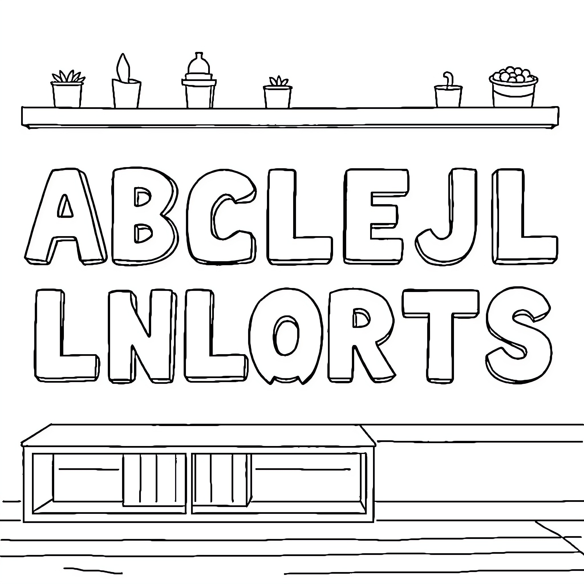 Letter Alphabet and Plant Shelf Coloring Page (free black-and-white line drawing printable PDF for all, from beginners to advanced learners, including children, teens, adults, and seniors)